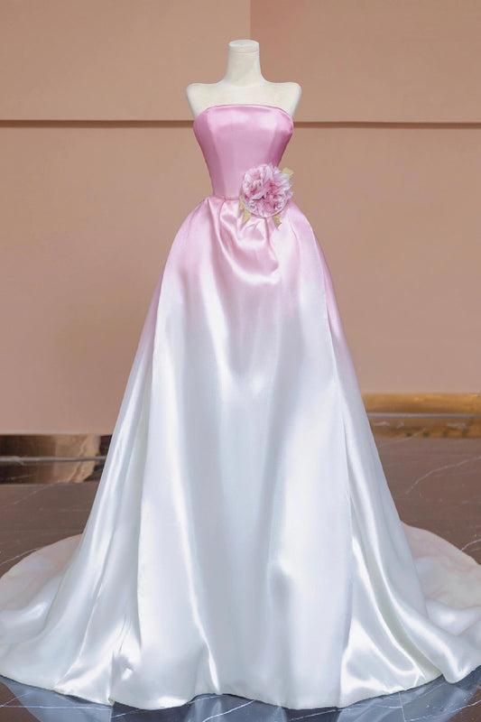 Pink Ombre White Satin Long Prom Dress, Cute A-Line Off-the-shoulder Party Dress