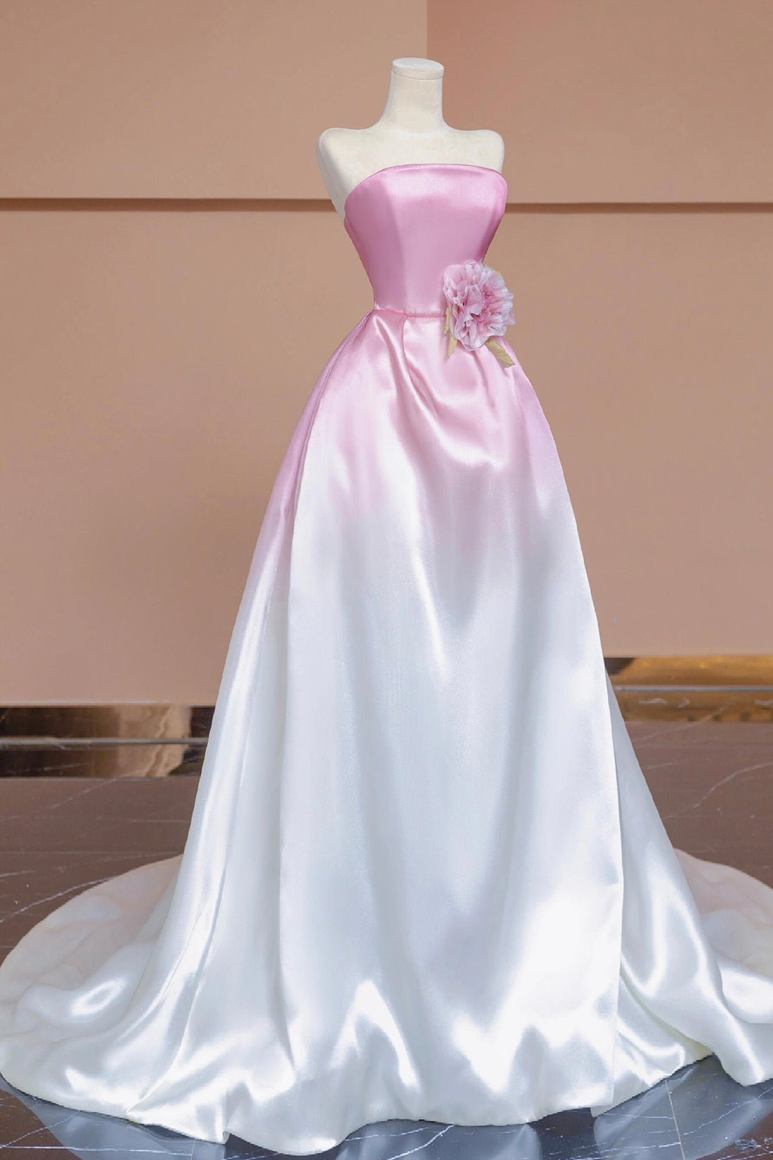 Pink Ombre White Satin Long Prom Dress, Cute A-Line Off-the-shoulder Party Dress