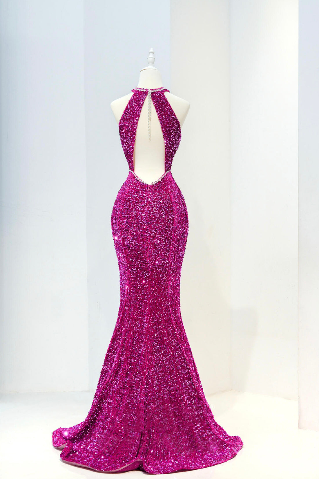 Hot Pink Sequins Long Prom Dress, Mermaid Backless Evening Party Dress