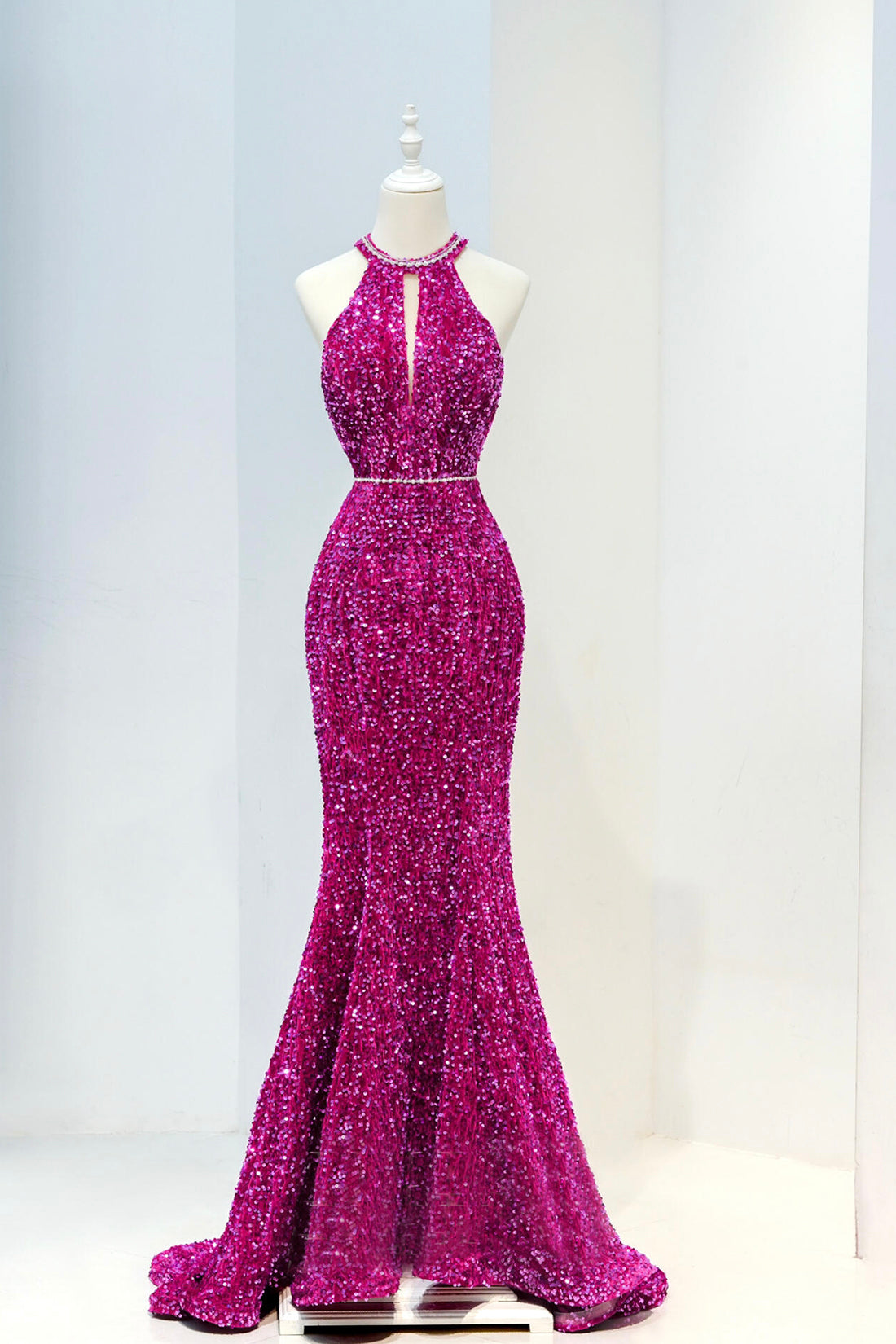 Hot Pink Sequins Long Prom Dress, Mermaid Backless Evening Party Dress