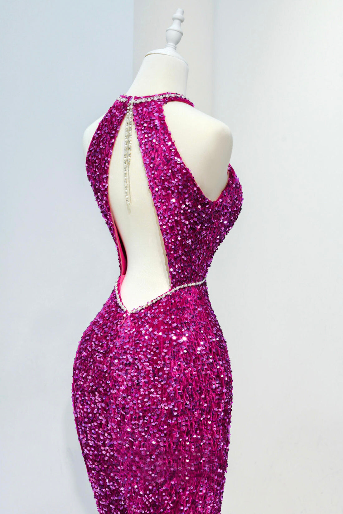 Hot Pink Sequins Long Prom Dress, Mermaid Backless Evening Party Dress