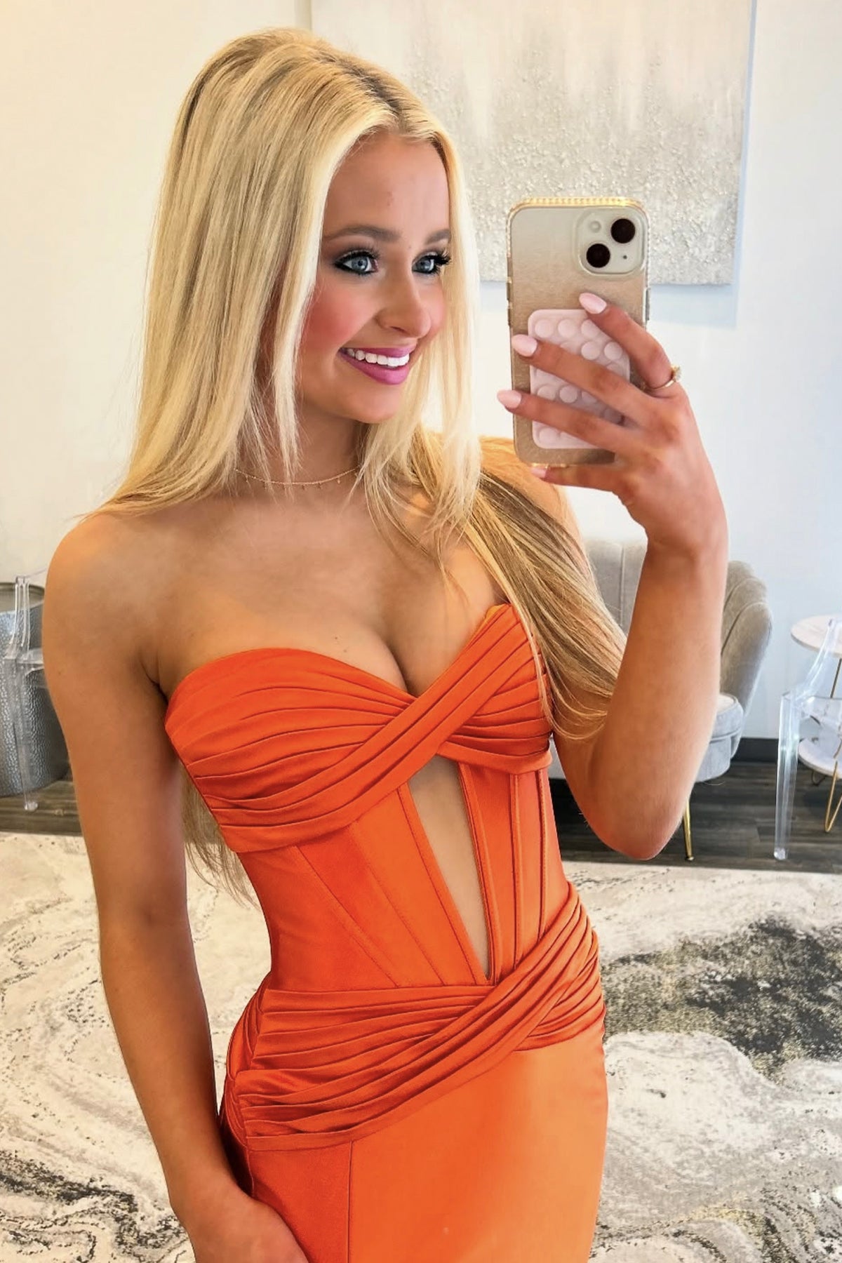 Orange Satin Long Prom Dress, Mermaid Strapless Evening Party Dress