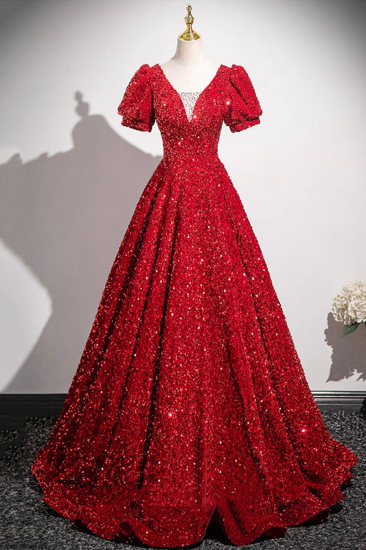 A-Line Sequins Long Prom Dress, Elegant Red/Blue Short Sleeve Evening Party Dress