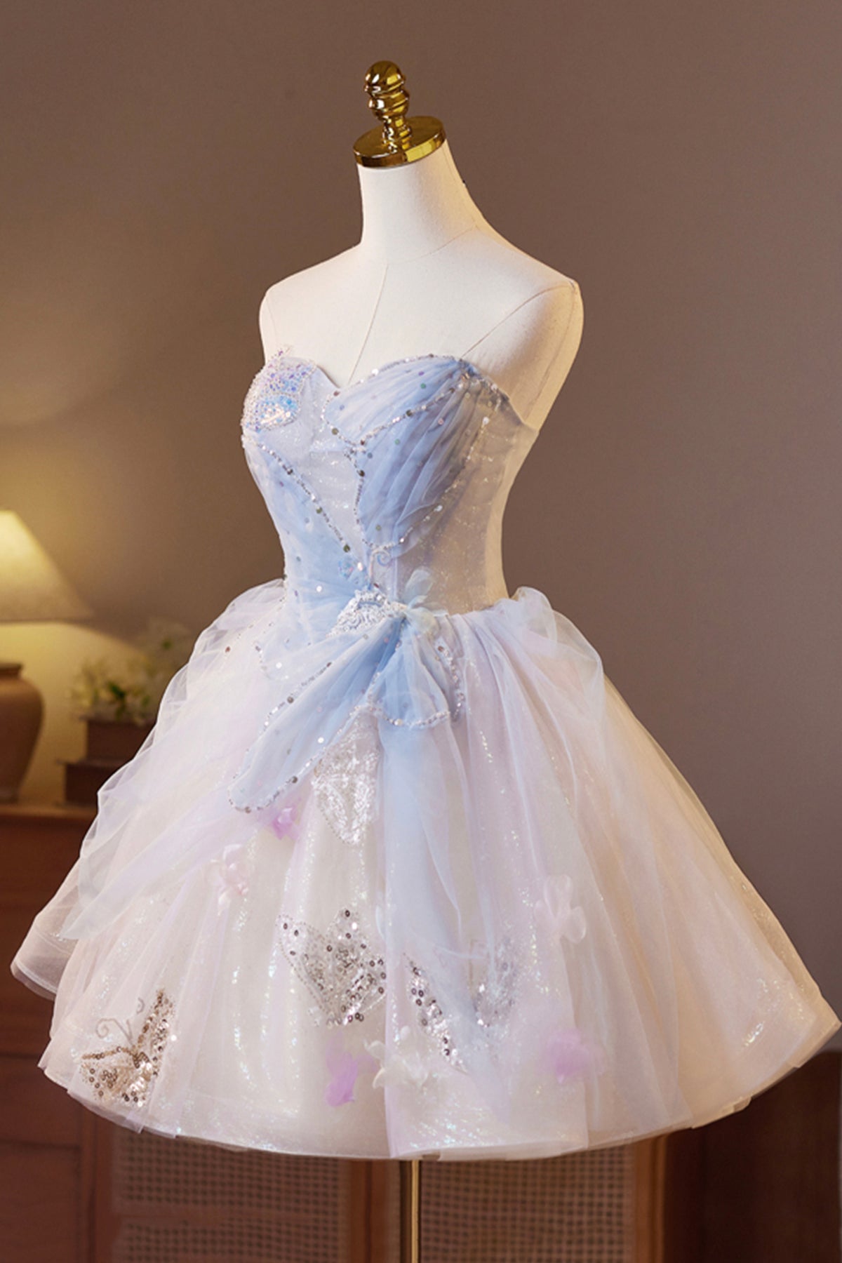 Champagne Sparkling Tulle Short Prom Dress, Beautiful A-Line Strapless Evening Party Dress