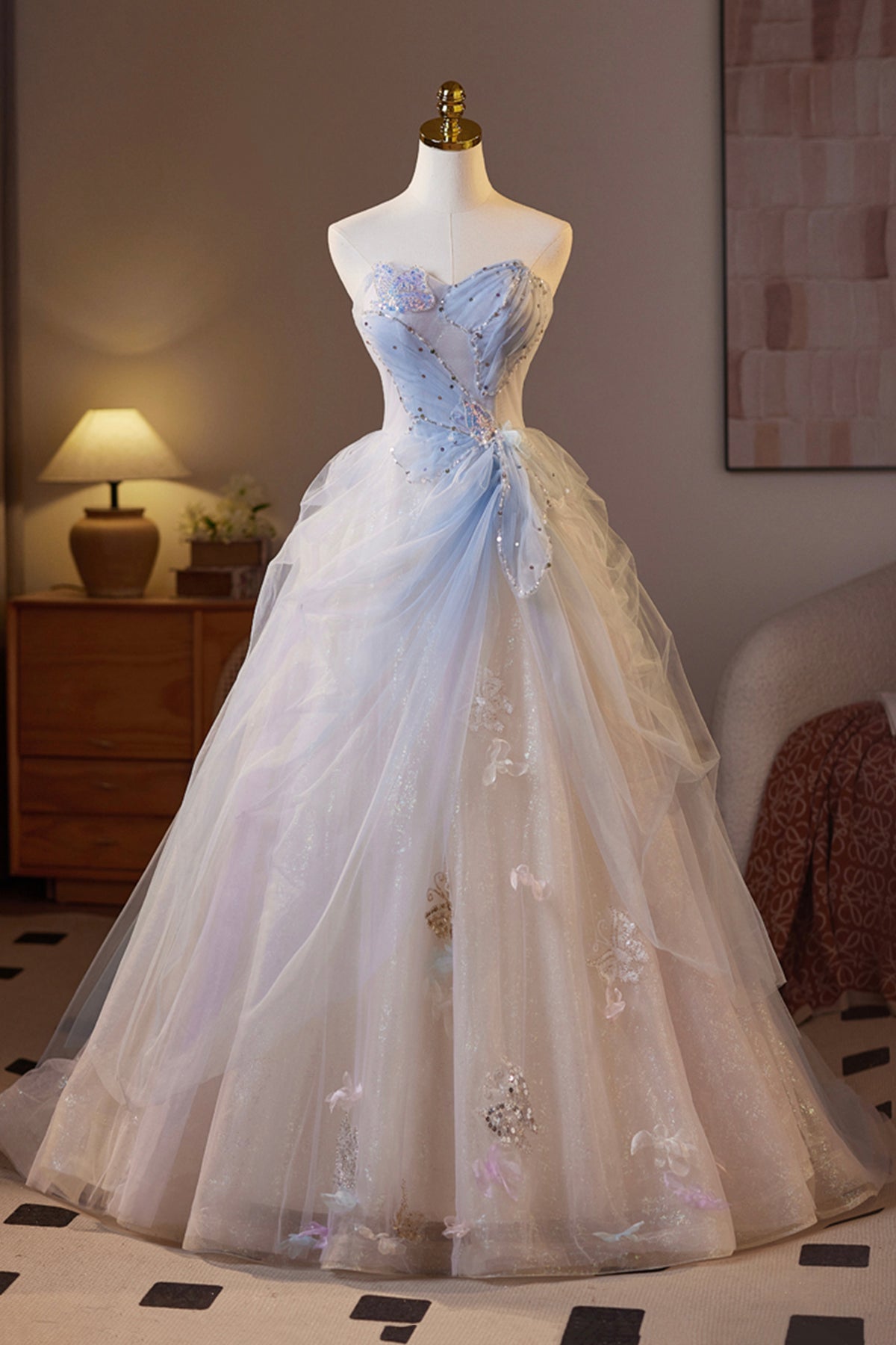 Champagne Sparkling Tulle Long Prom Dress, Beautiful A-Line Strapless Evening Party Dress