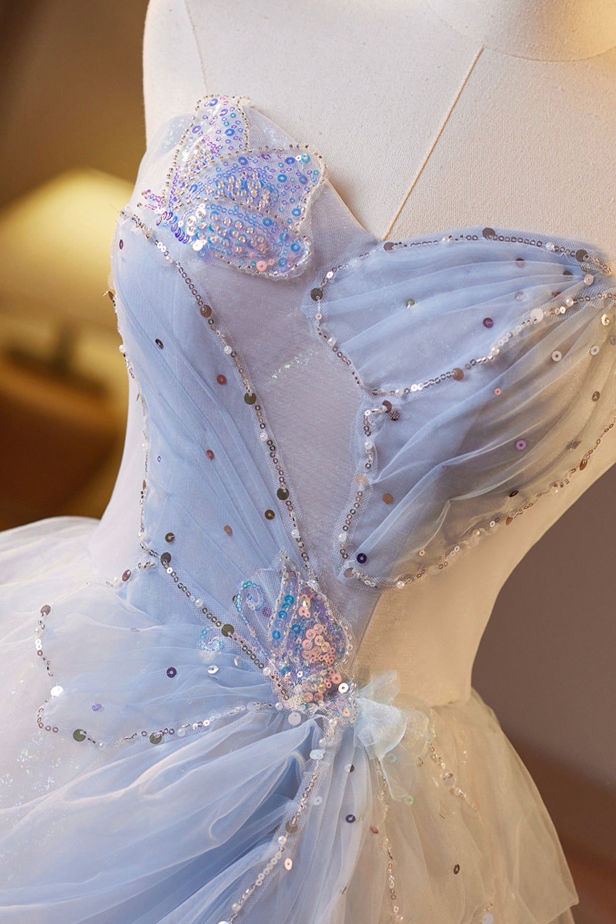 Champagne Sparkling Tulle Short Prom Dress, Beautiful A-Line Strapless Evening Party Dress