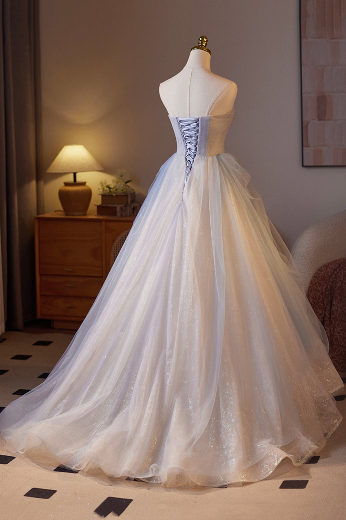 Champagne Sparkling Tulle Long Prom Dress, Beautiful A-Line Strapless Evening Party Dress