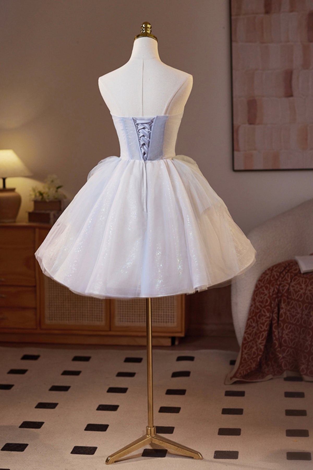 Champagne Sparkling Tulle Short Prom Dress, Beautiful A-Line Strapless Evening Party Dress