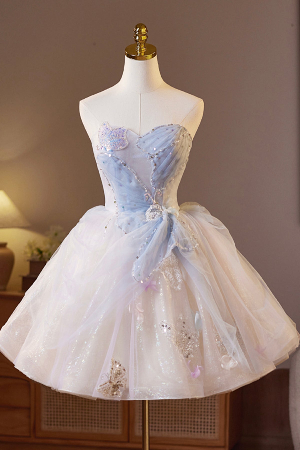 Champagne Sparkling Tulle Short Prom Dress, Beautiful A-Line Strapless Evening Party Dress