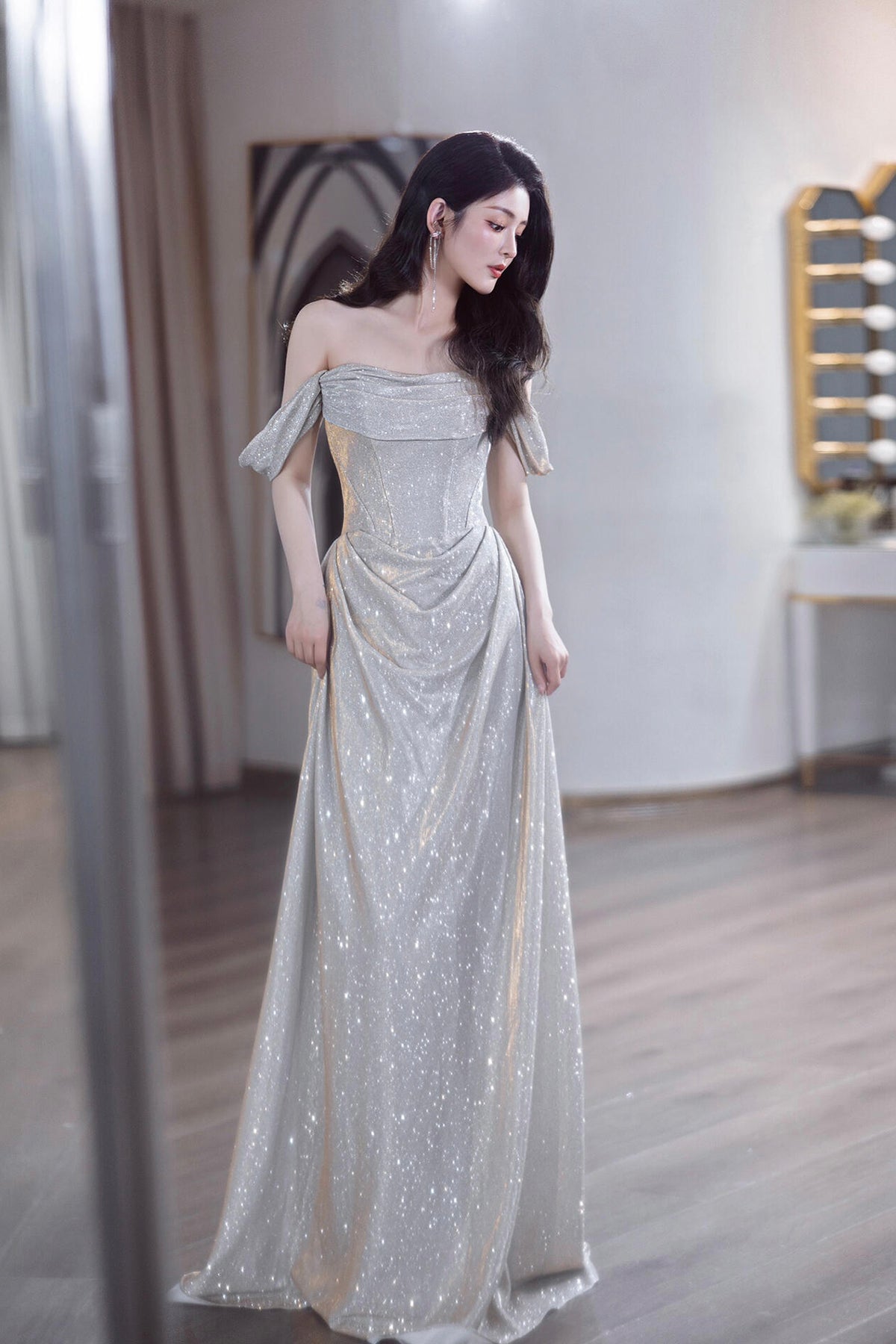 Beautiful Off-Shoulder Glitter A-Line Prom Party Dress