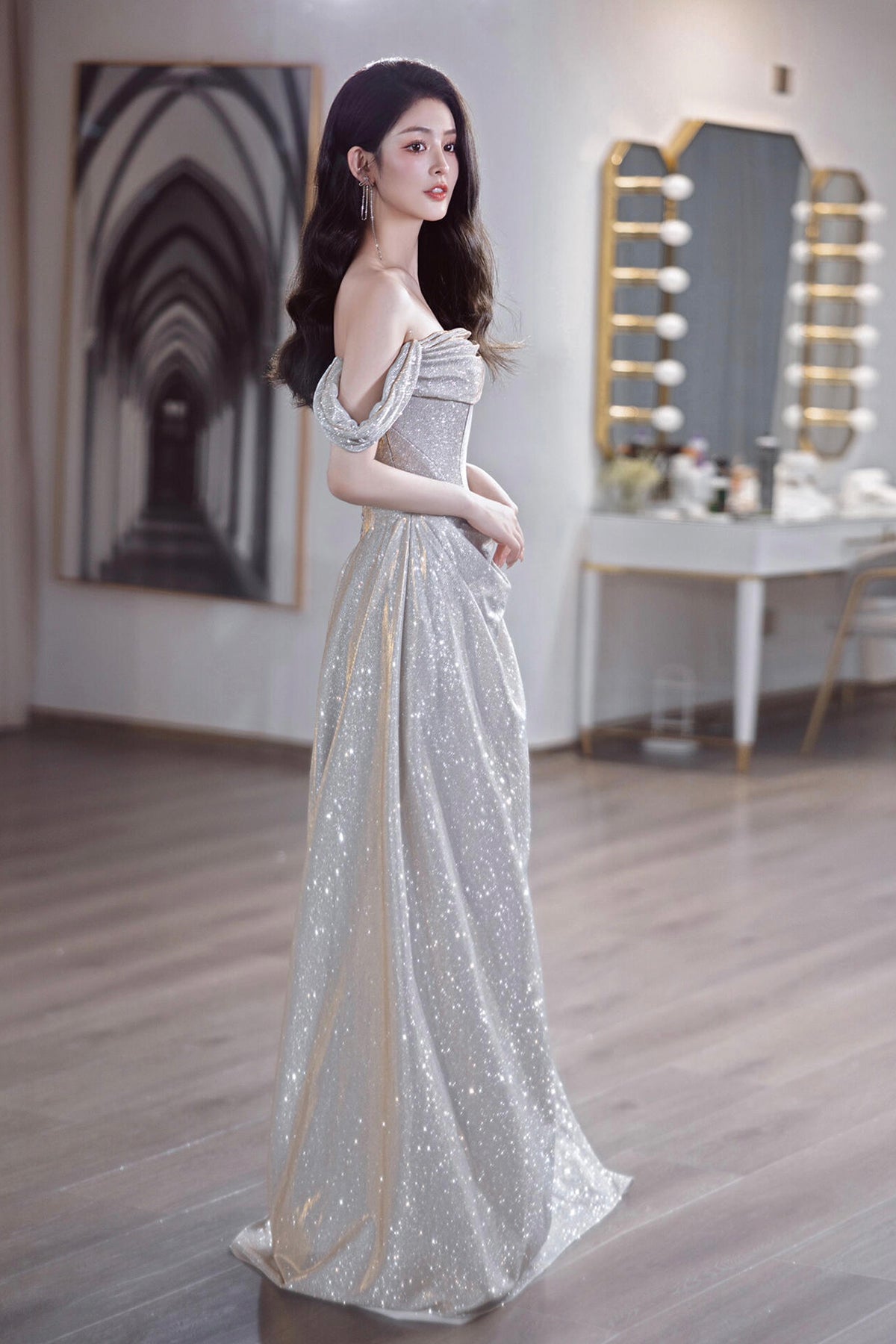 Beautiful Off-Shoulder Glitter A-Line Prom Party Dress