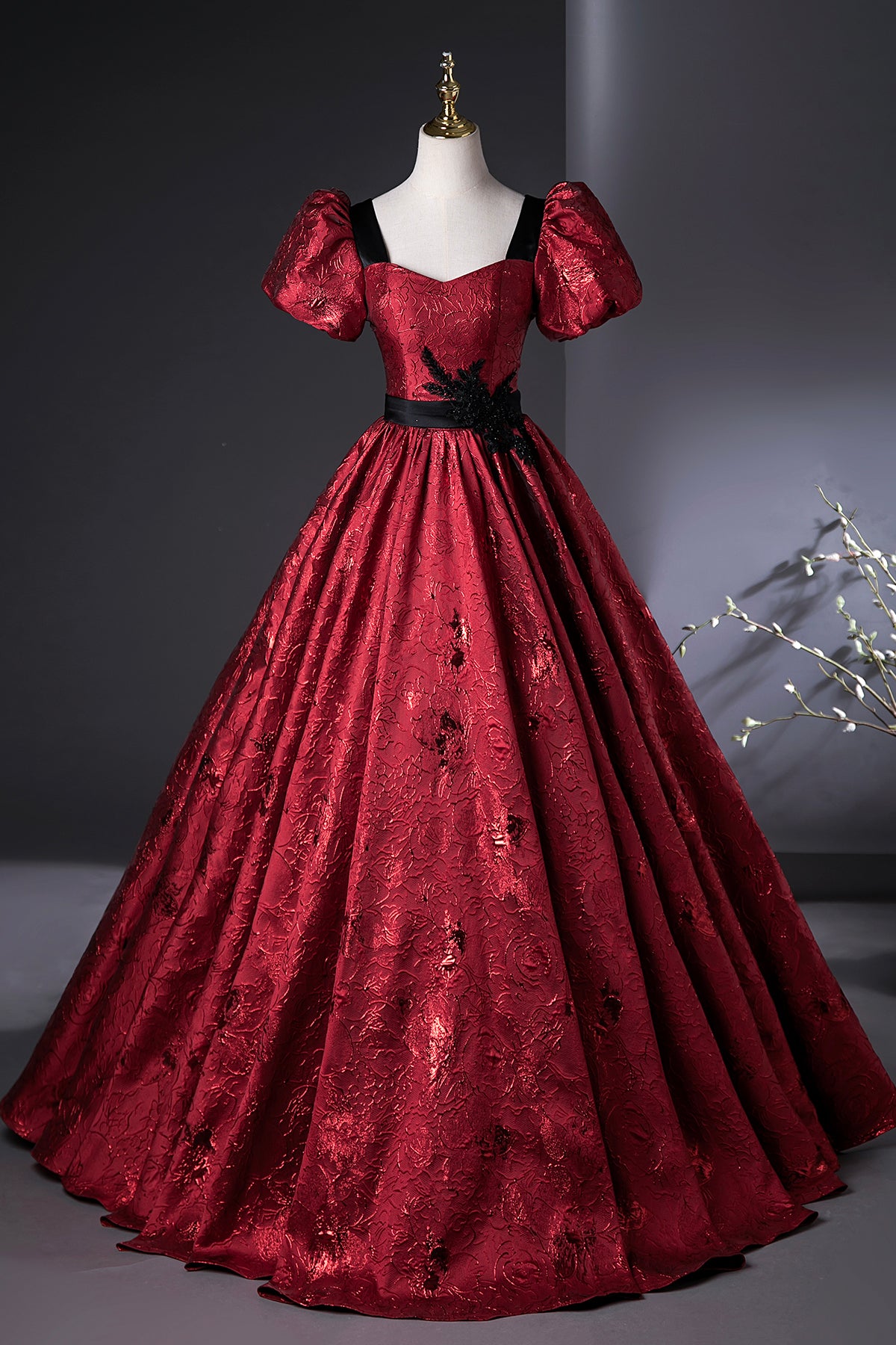 Burgundy Printed Long Formal Gown, Elegant Short Sleeve Prom Evening Dress