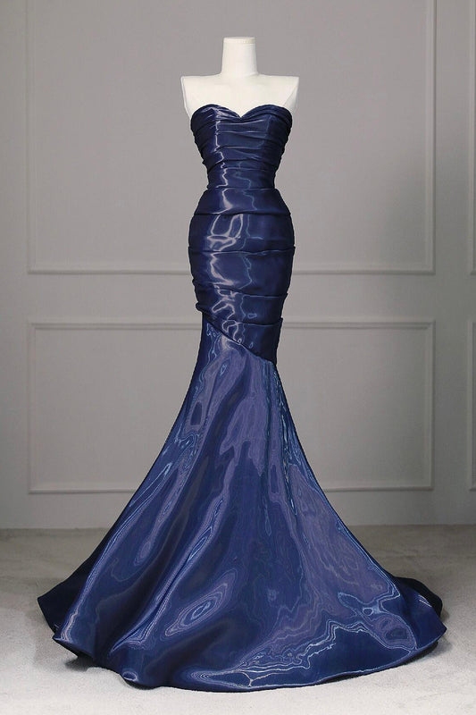 Blue Sweetheart Neck Satin Long Prom Dress, Mermaid Evening Dress