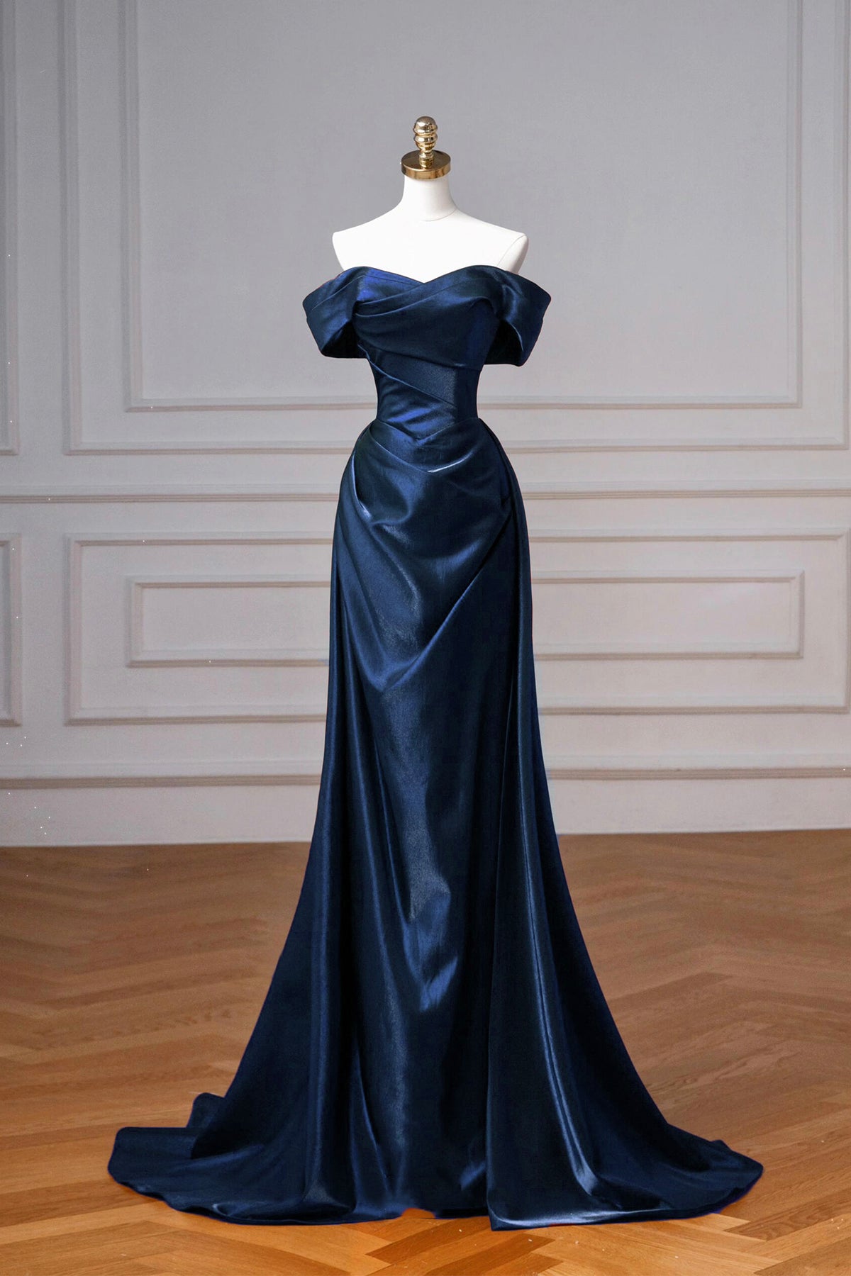 Navy Satin Long Prom Dress, A-Line Off the Shoulder Evening Party Dress