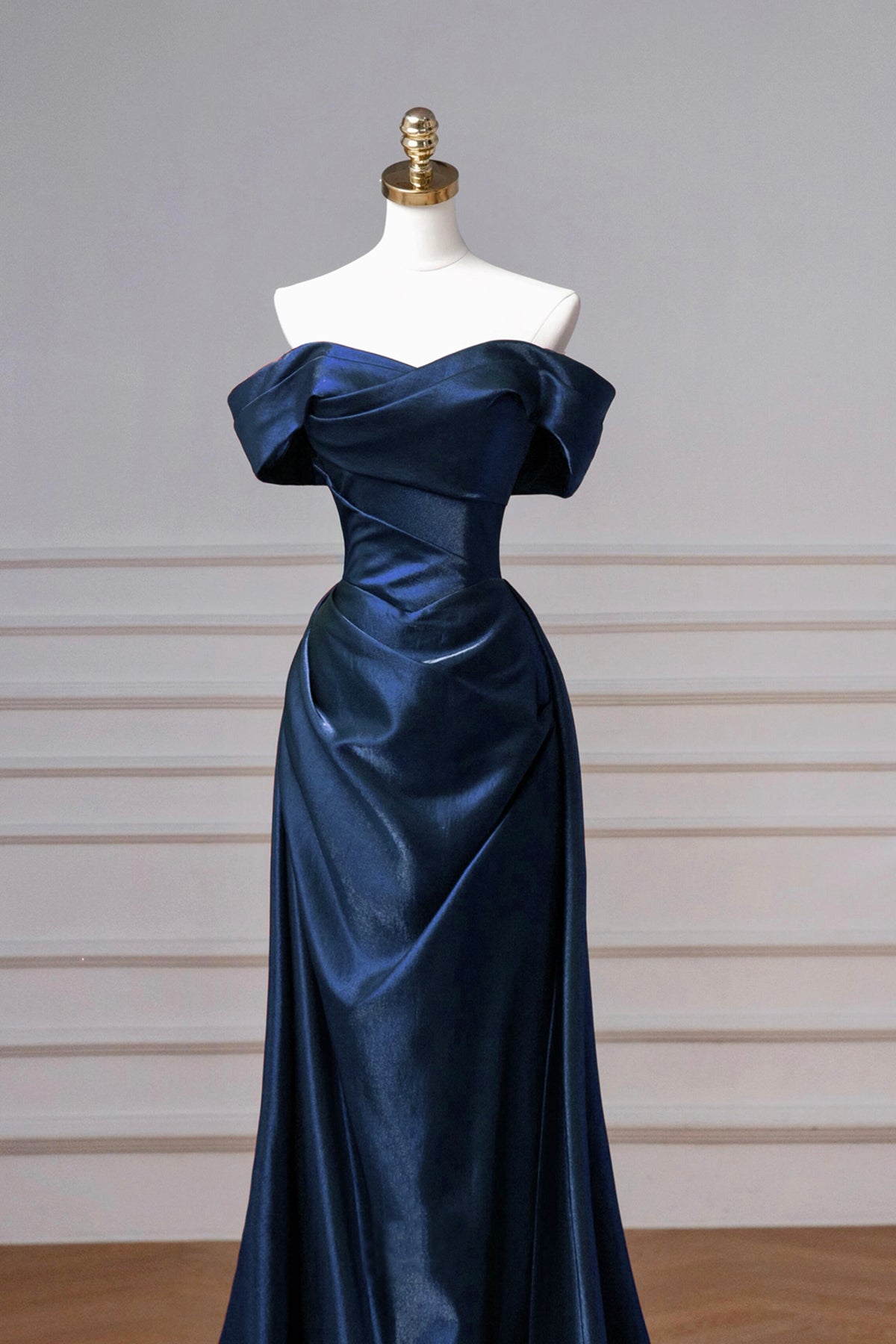 Navy Satin Long Prom Dress, A-Line Off the Shoulder Evening Party Dress