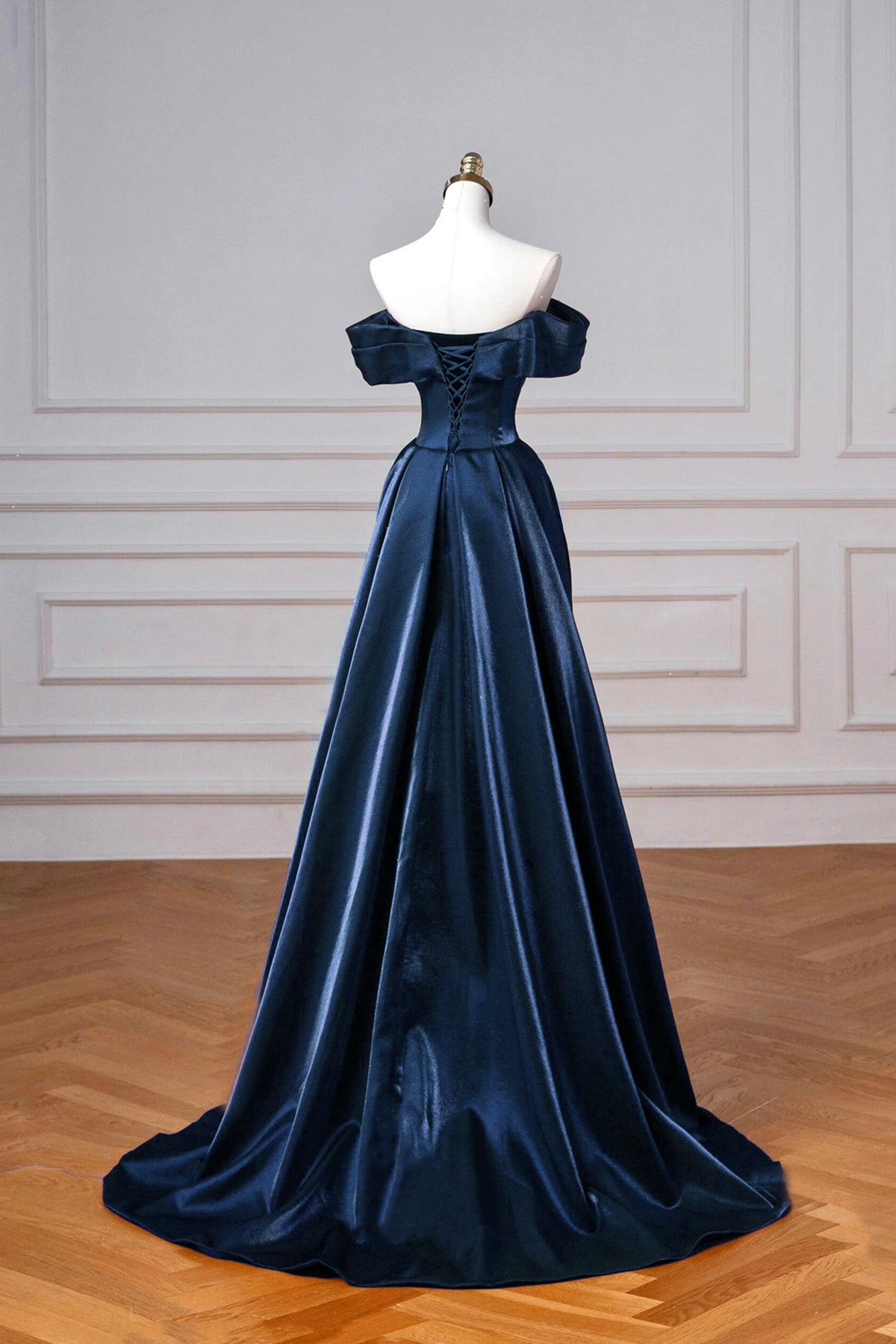 Navy Satin Long Prom Dress, A-Line Off the Shoulder Evening Party Dress
