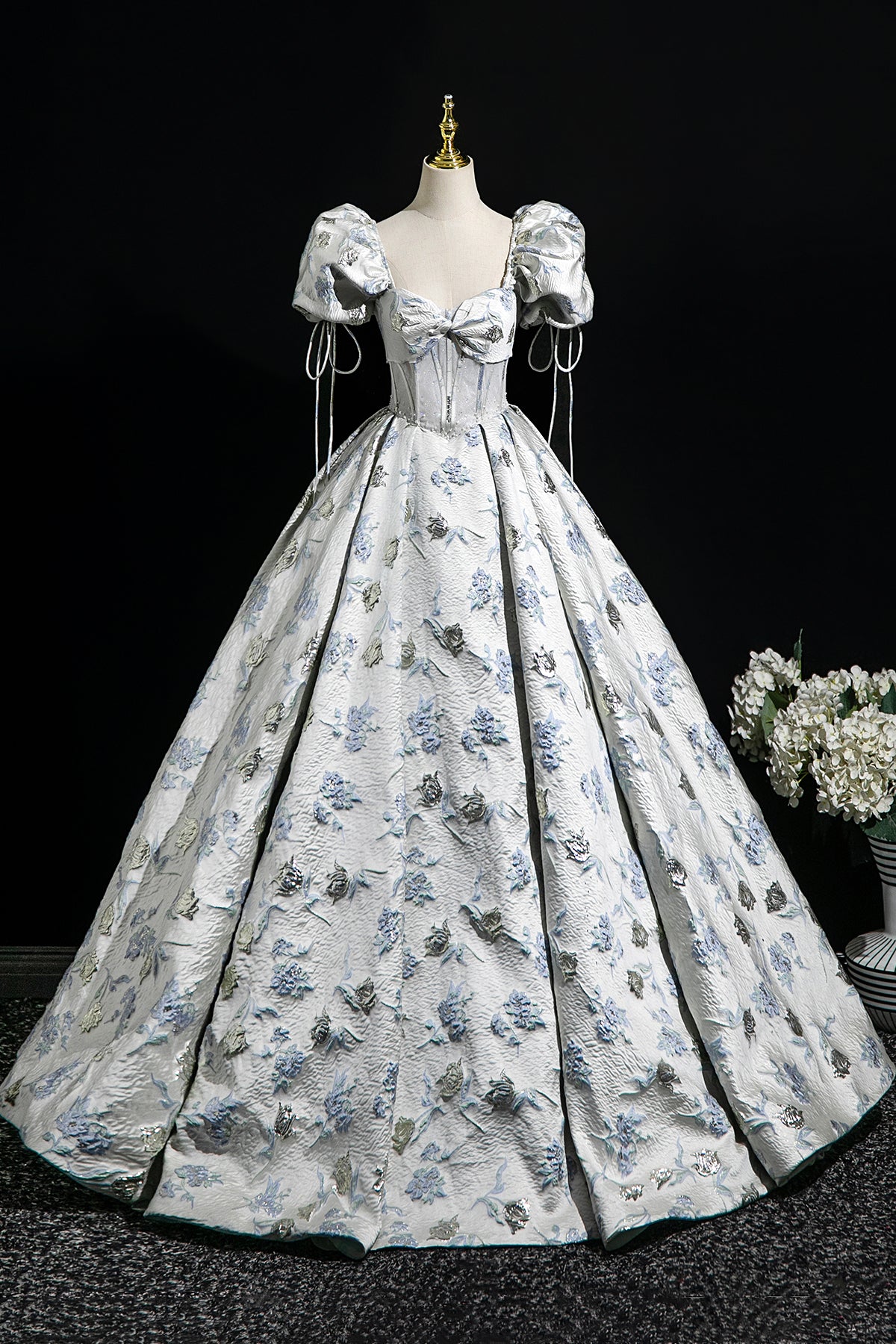 Elegant Floral Print Long Prom Dress, A-Line Short Sleeve Evening Party Dress