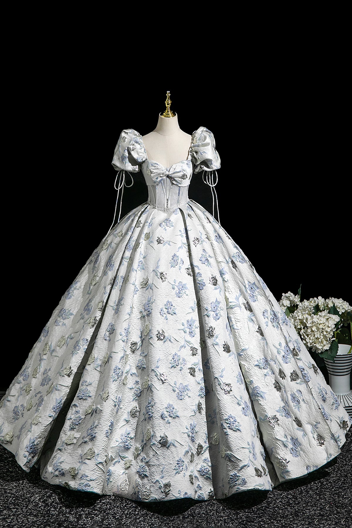 Elegant Floral Print Long Prom Dress, A-Line Short Sleeve Evening Party Dress