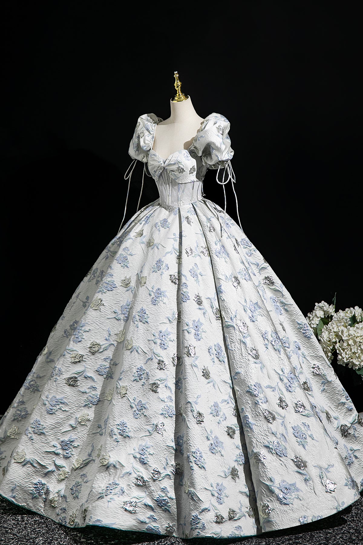 Elegant Floral Print Long Prom Dress, A-Line Short Sleeve Evening Party Dress