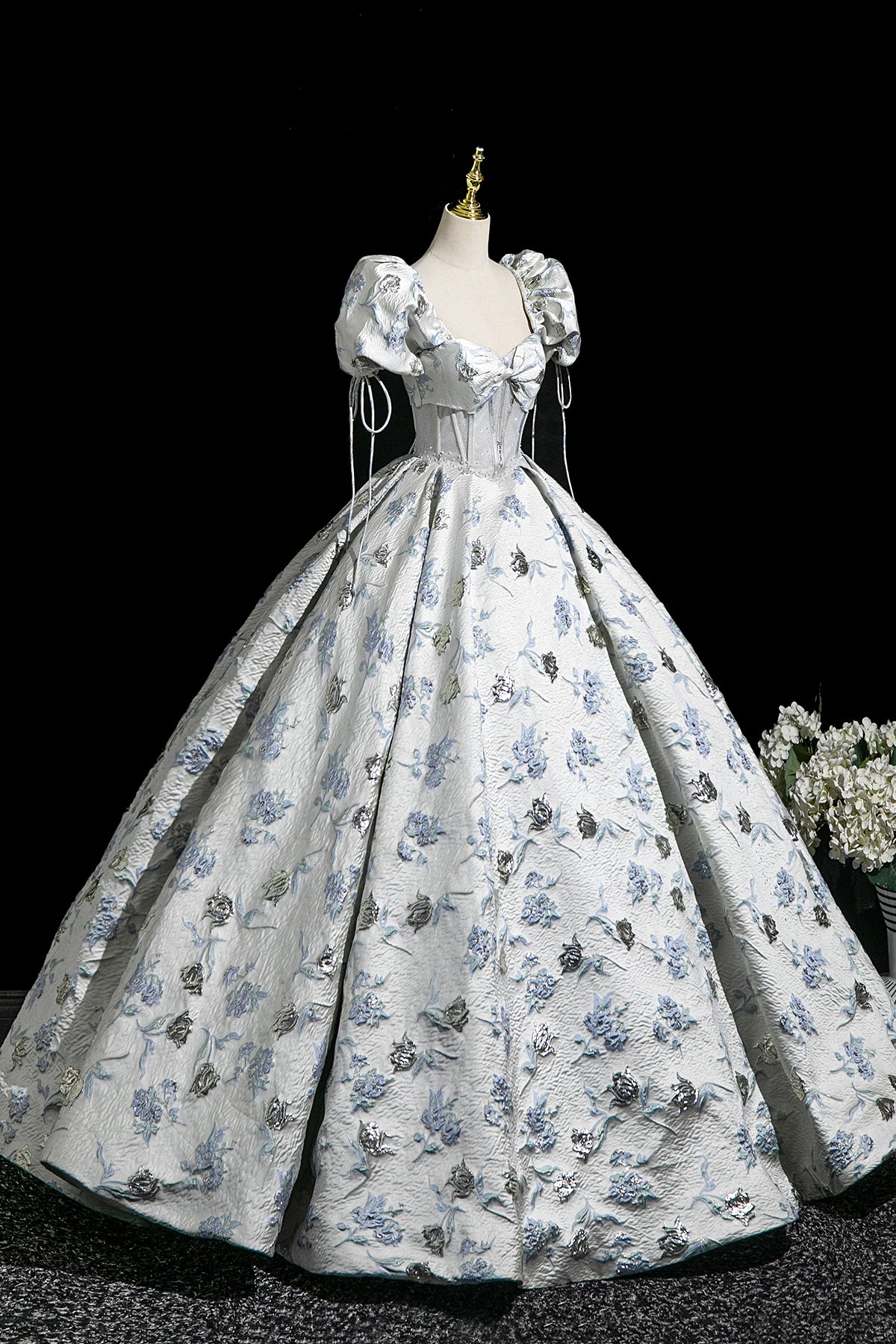 Elegant Floral Print Long Prom Dress, A-Line Short Sleeve Evening Party Dress