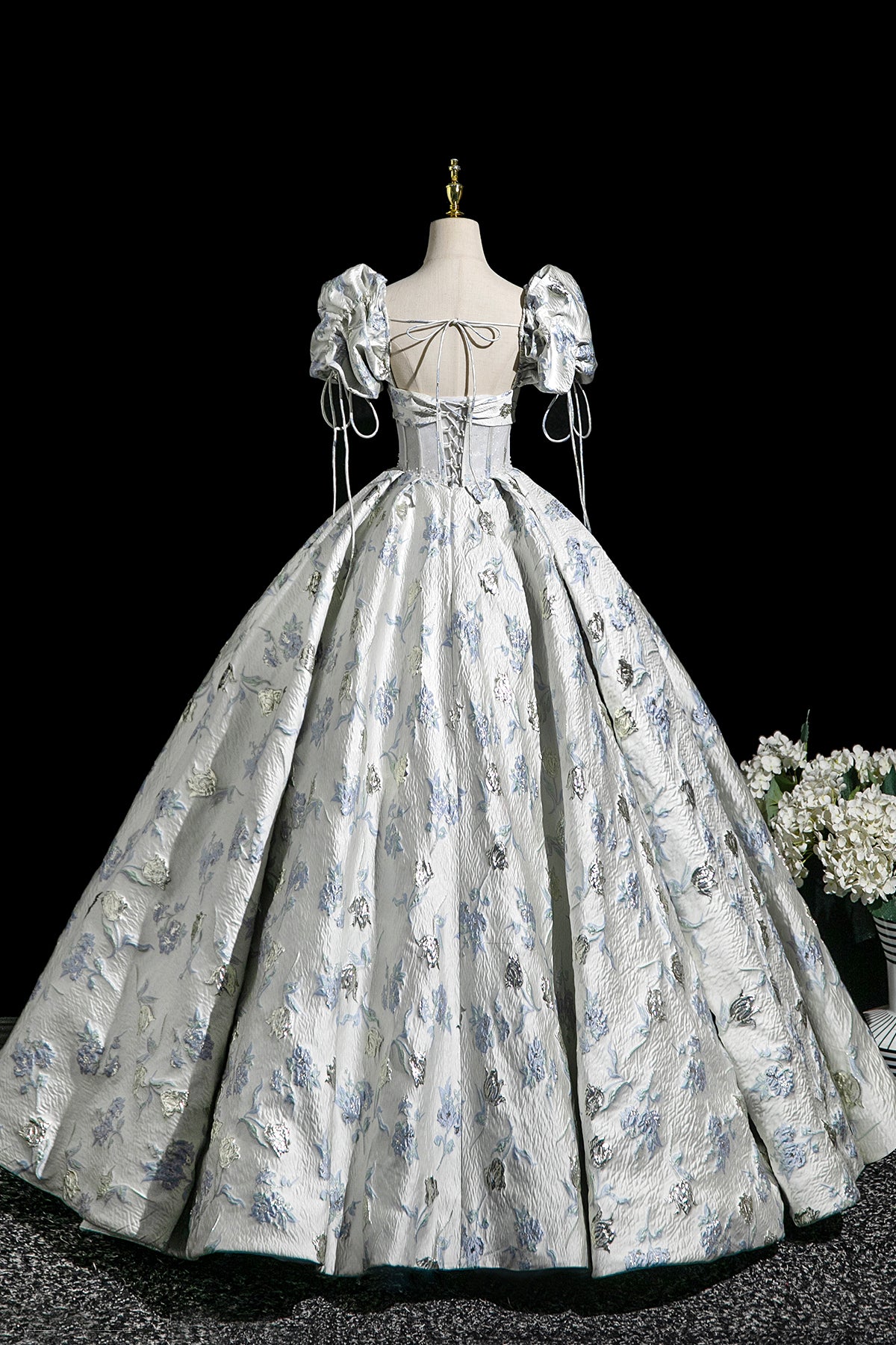 Elegant Floral Print Long Prom Dress, A-Line Short Sleeve Evening Party Dress
