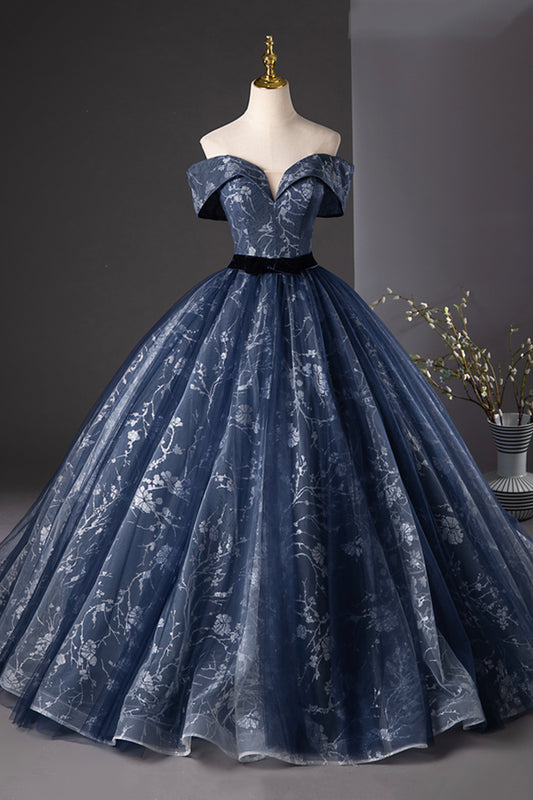 Blue Tulle Floral Long Prom Dress, A-Line Off the Shoulder Evening Party Dress