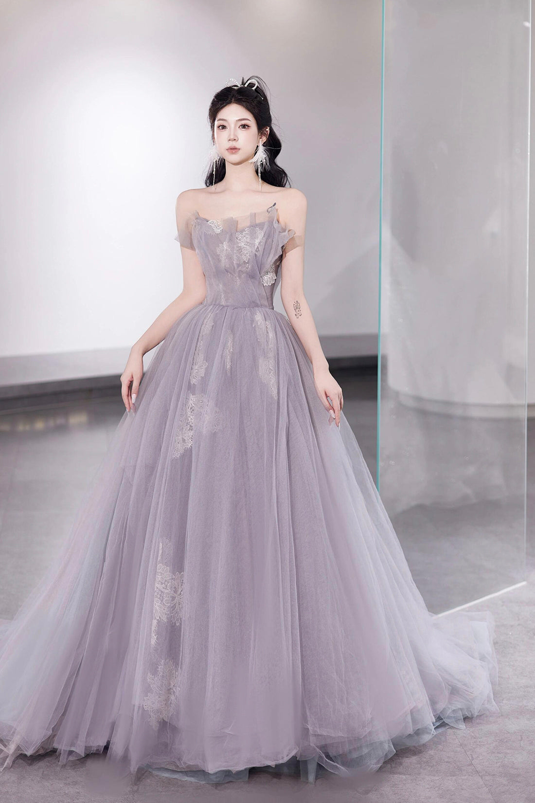 Light Purple Tulle Lace Long Prom Dress, A-Line Strapless Evening Dress