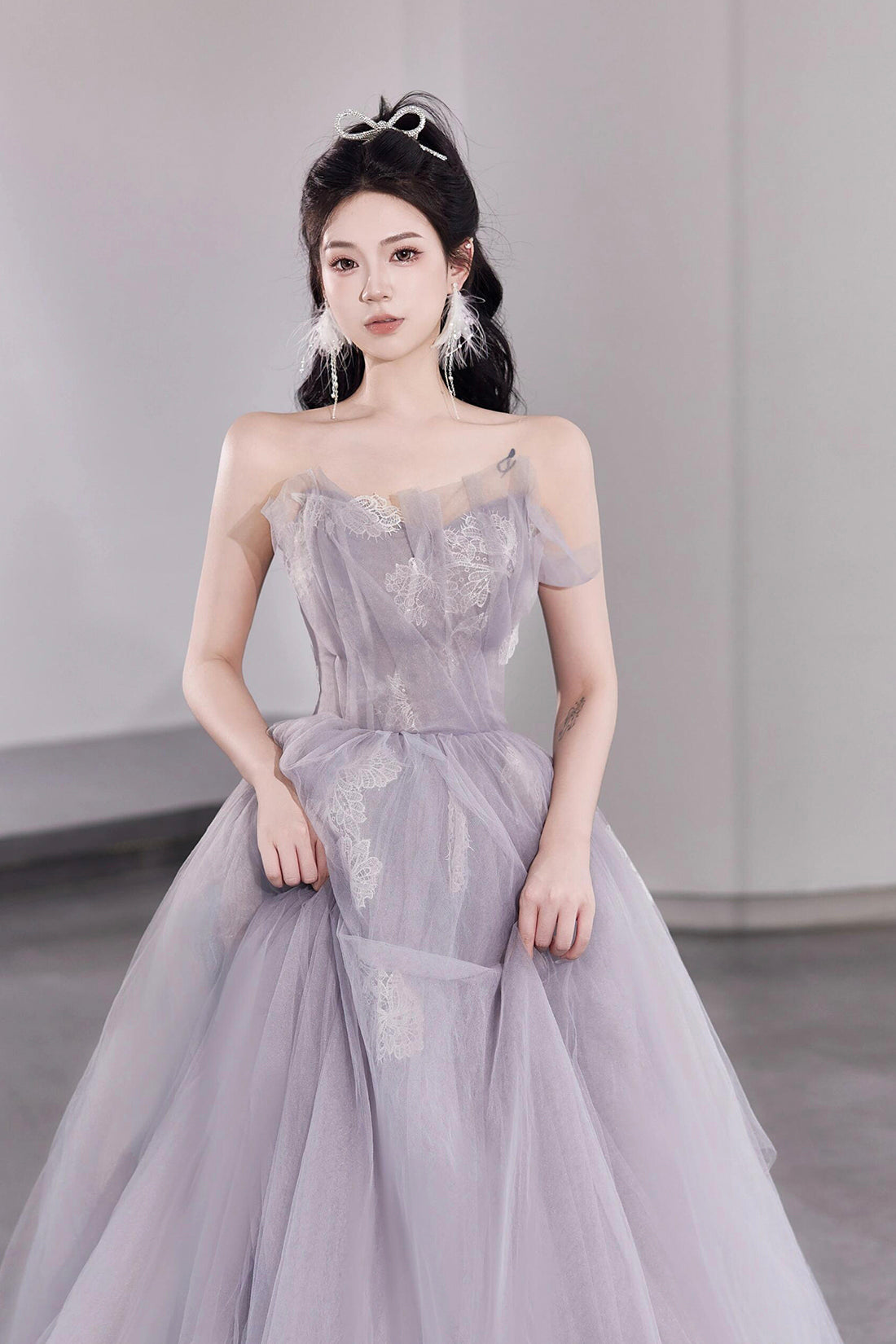 Light Purple Tulle Lace Long Prom Dress, A-Line Strapless Evening Dress