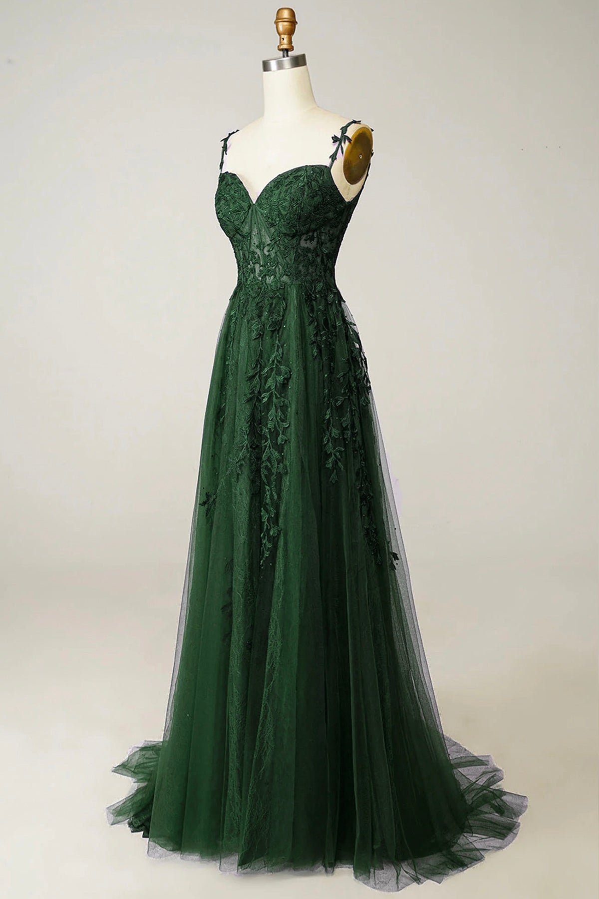 Green Tulle Lace Long Prom Dress, Lovely A-Line Spaghetti Strap Party Dress