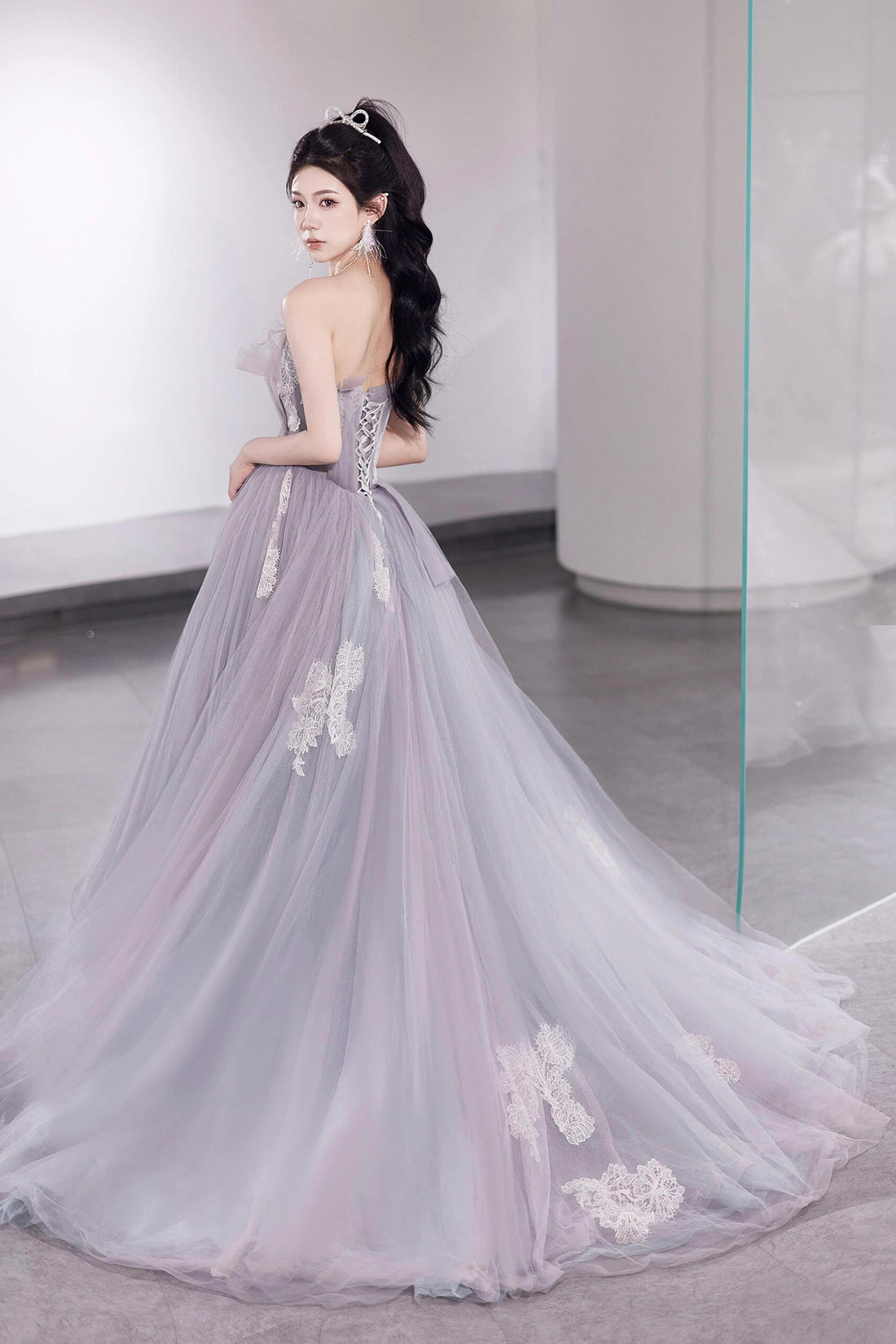 Light Purple Tulle Lace Long Prom Dress, A-Line Strapless Evening Dress