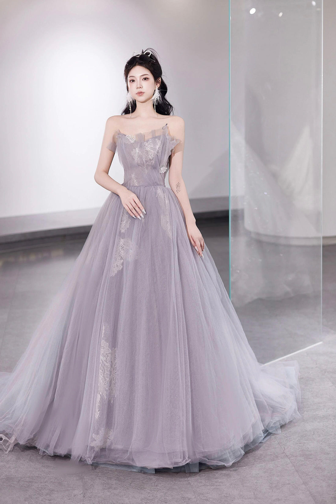 Light Purple Tulle Lace Long Prom Dress, A-Line Strapless Evening Dress