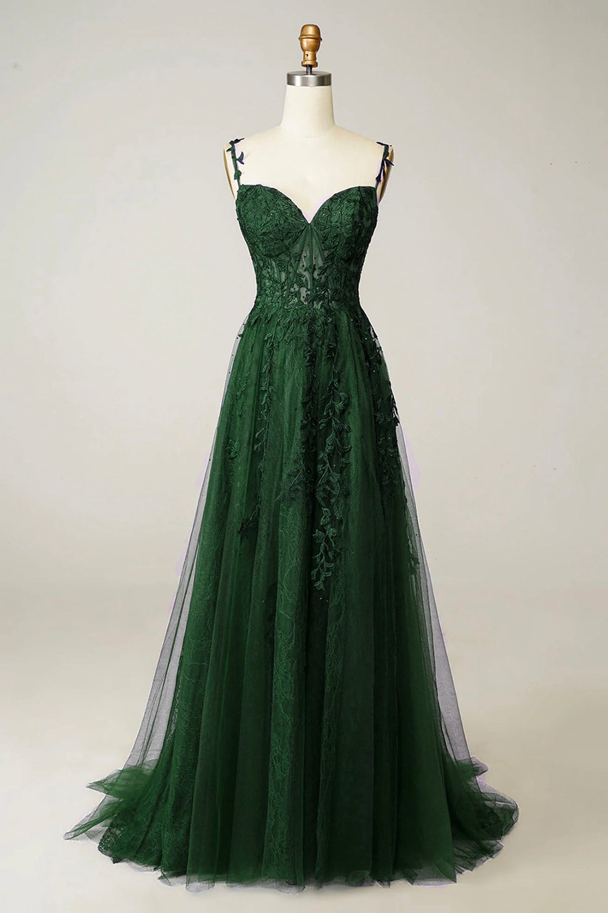 Green Tulle Lace Long Prom Dress, Lovely A-Line Spaghetti Strap Party Dress