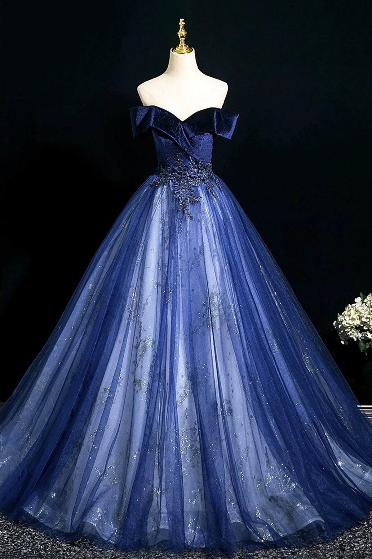 Blue Velvet Sequins Long A-Line Prom Dress, Elegant Off the Shoulder Party Dress
