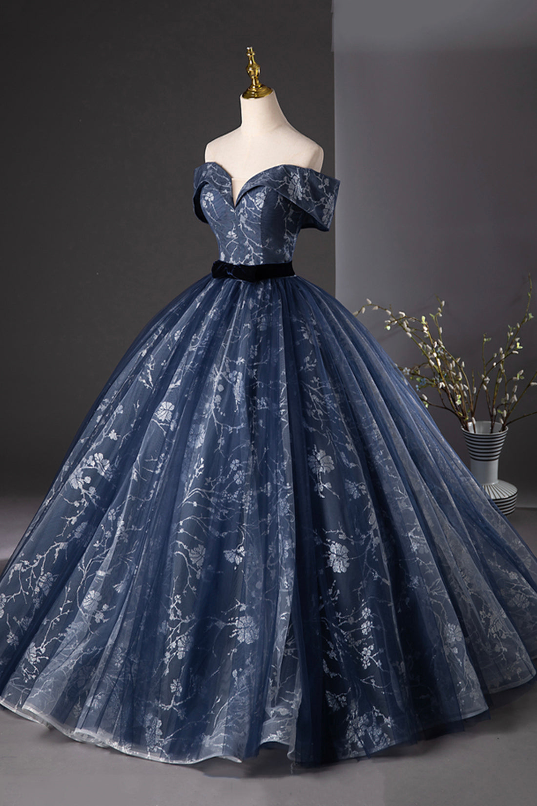 Blue Tulle Floral Long Prom Dress, A-Line Off the Shoulder Evening Party Dress