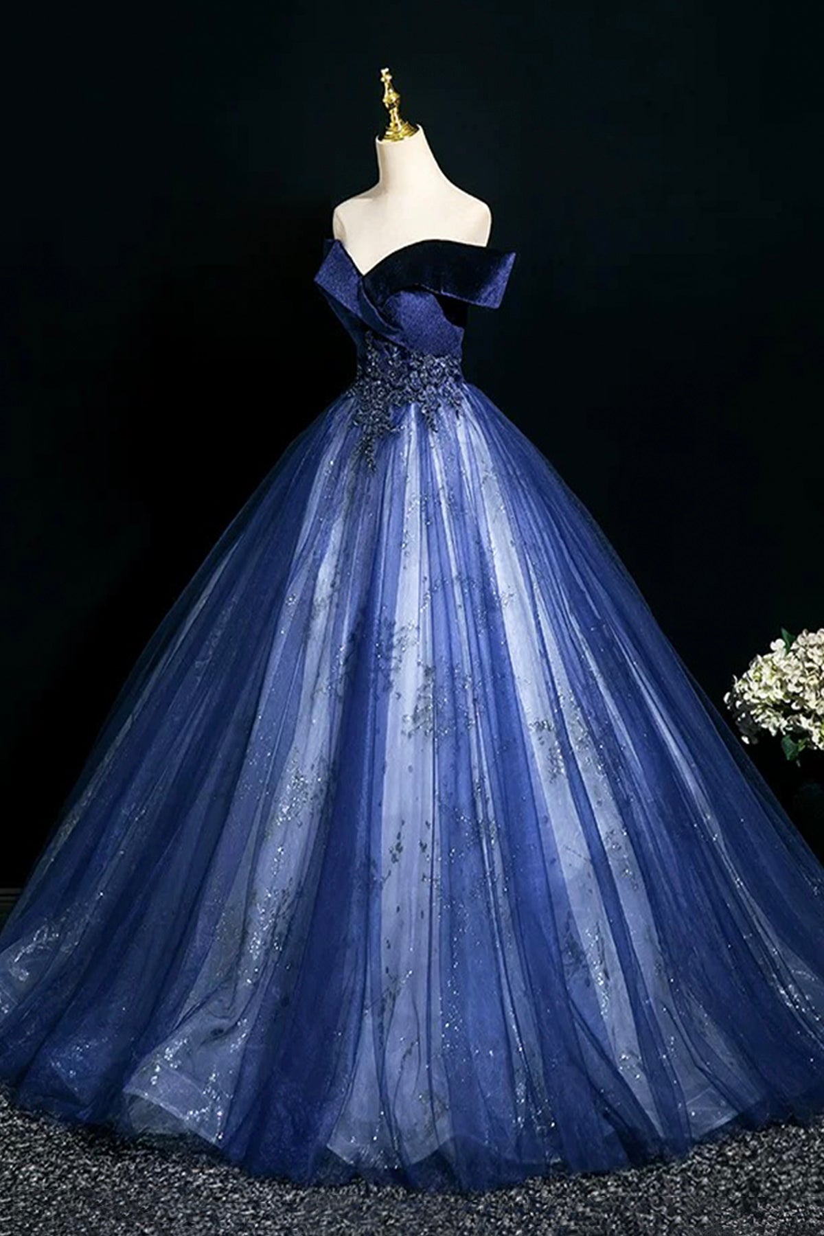 Blue Velvet Sequins Long A-Line Prom Dress, Elegant Off the Shoulder Party Dress
