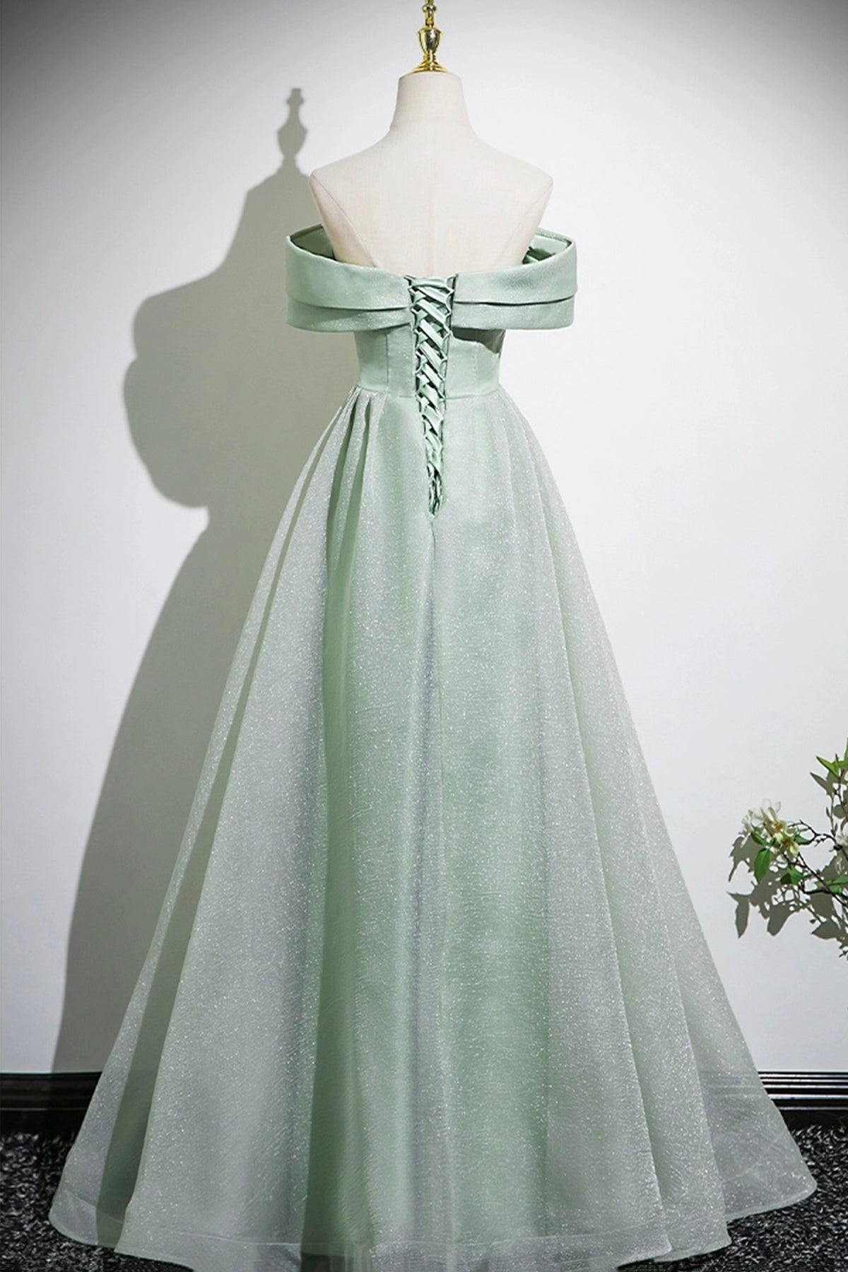 Green Tulle Long Prom Dress, Off the Shoulder A-Line Party Dress