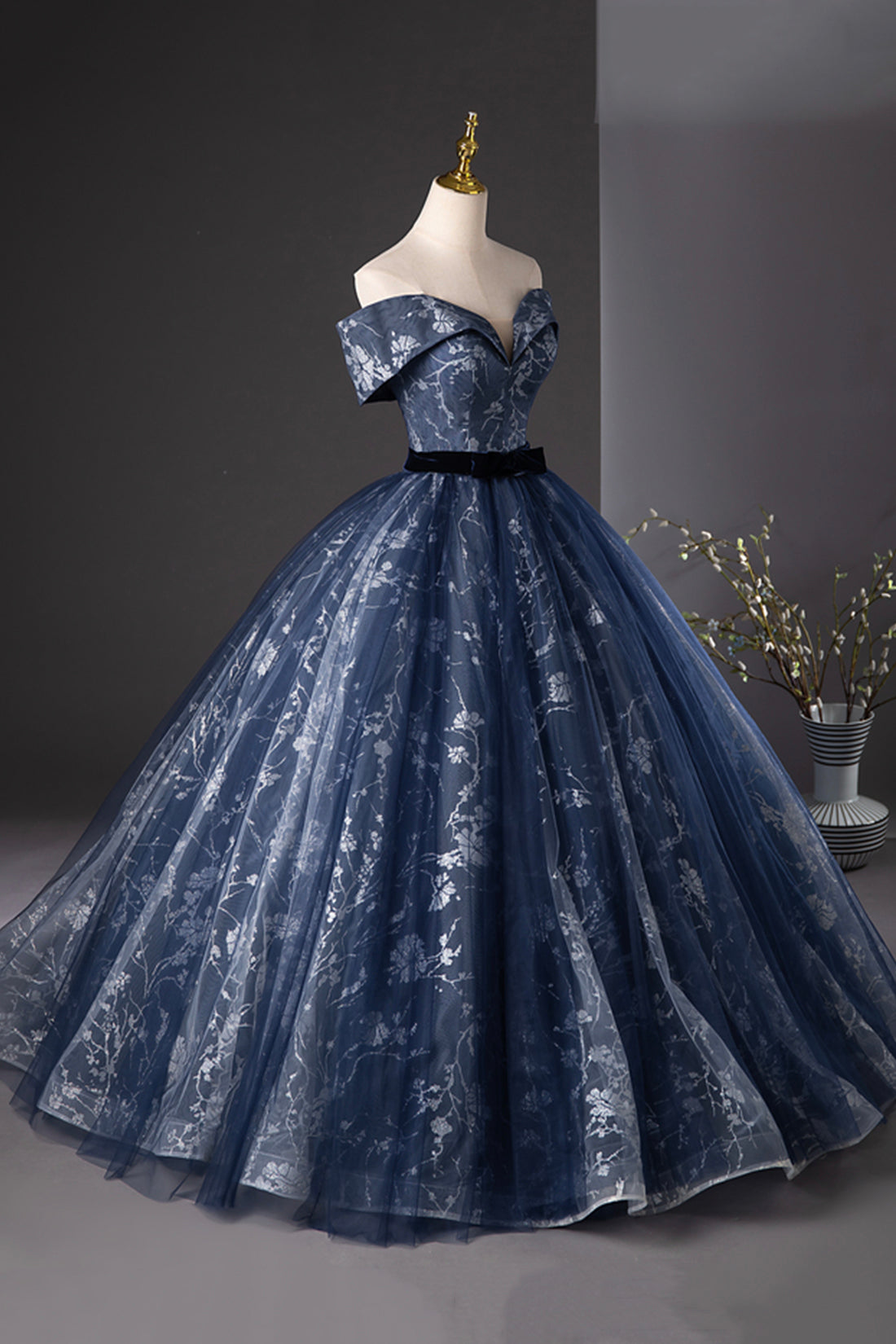 Blue Tulle Floral Long Prom Dress, A-Line Off the Shoulder Evening Party Dress