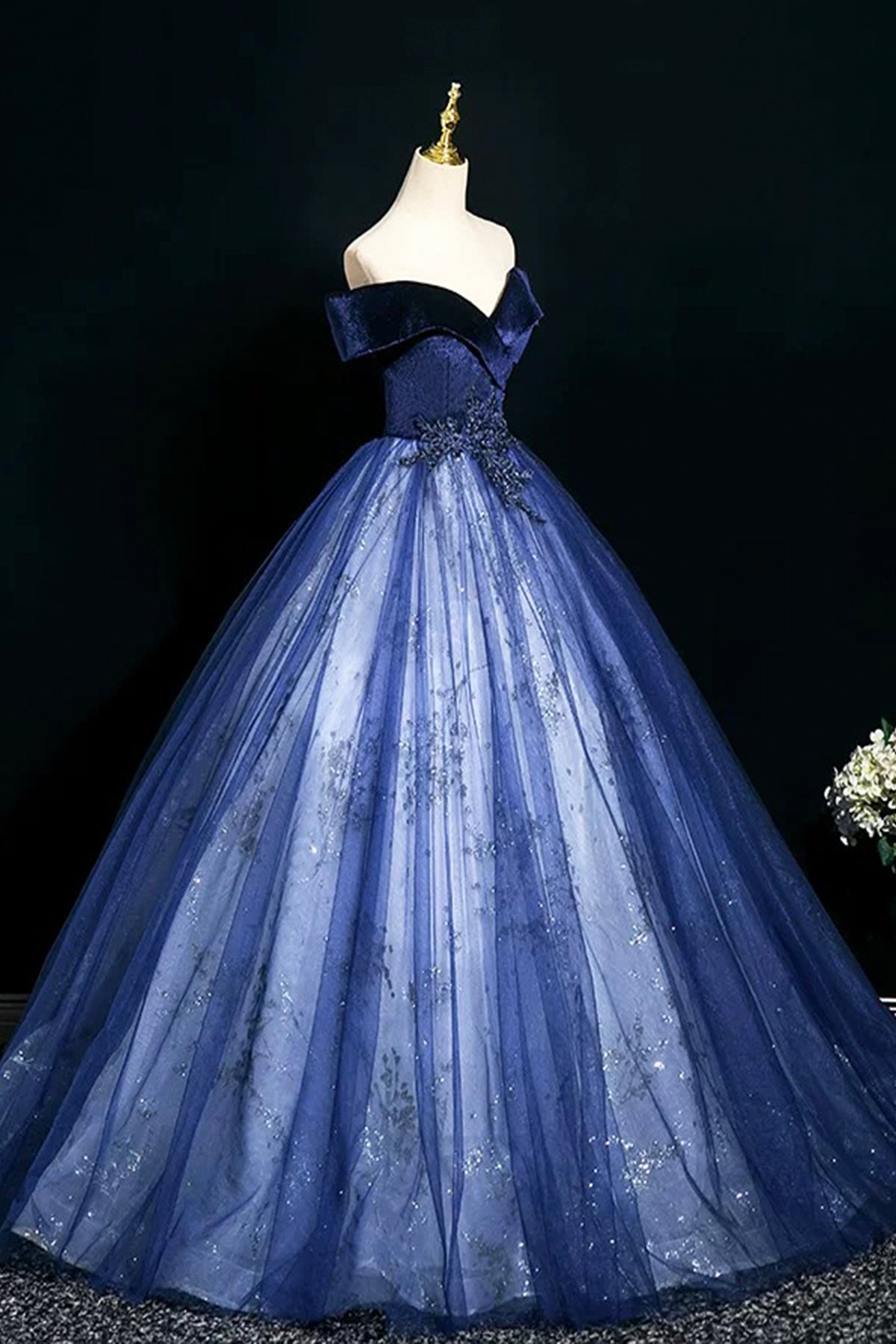 Blue Velvet Sequins Long A-Line Prom Dress, Elegant Off the Shoulder Party Dress