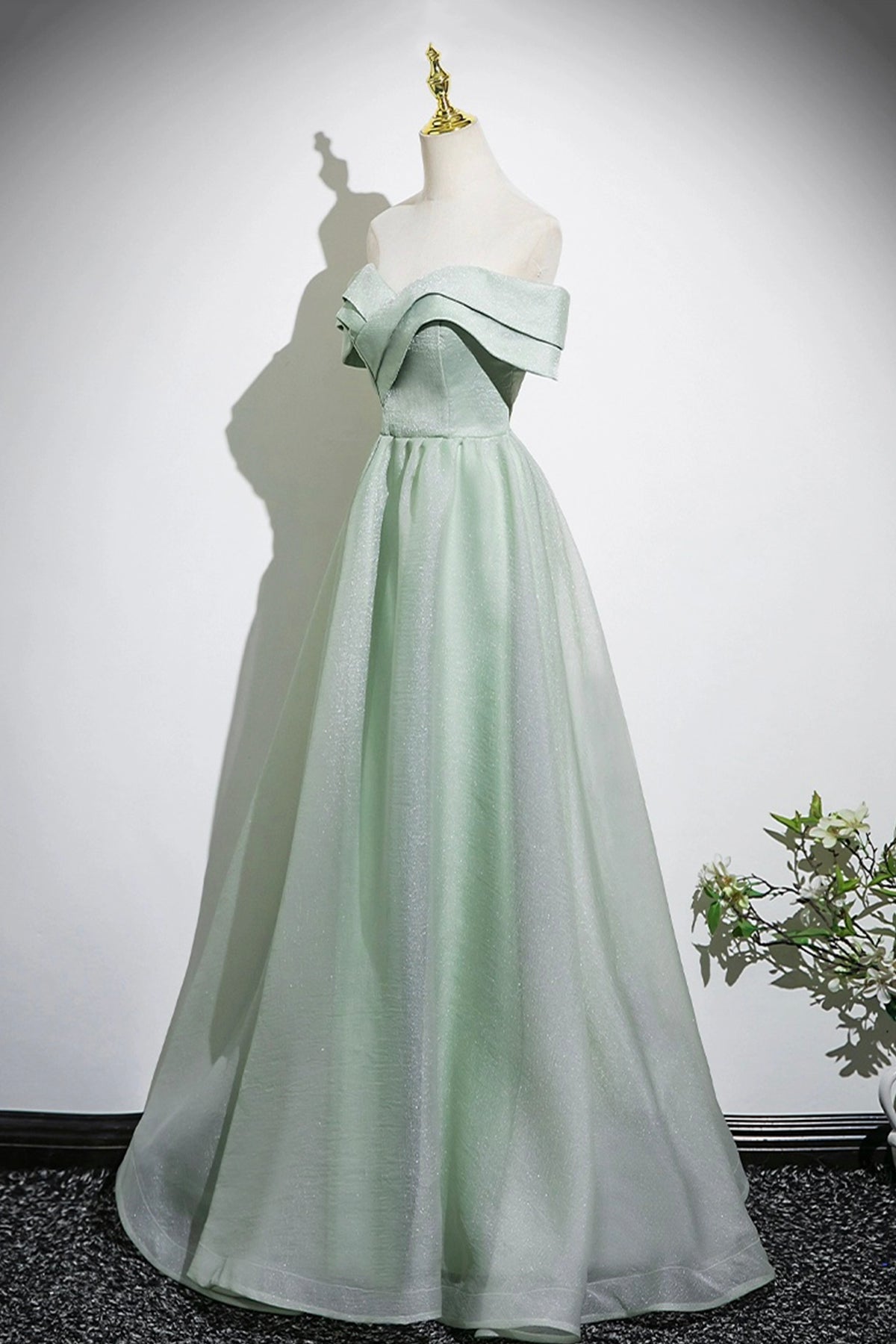 Green Tulle Long Prom Dress, Off the Shoulder A-Line Party Dress