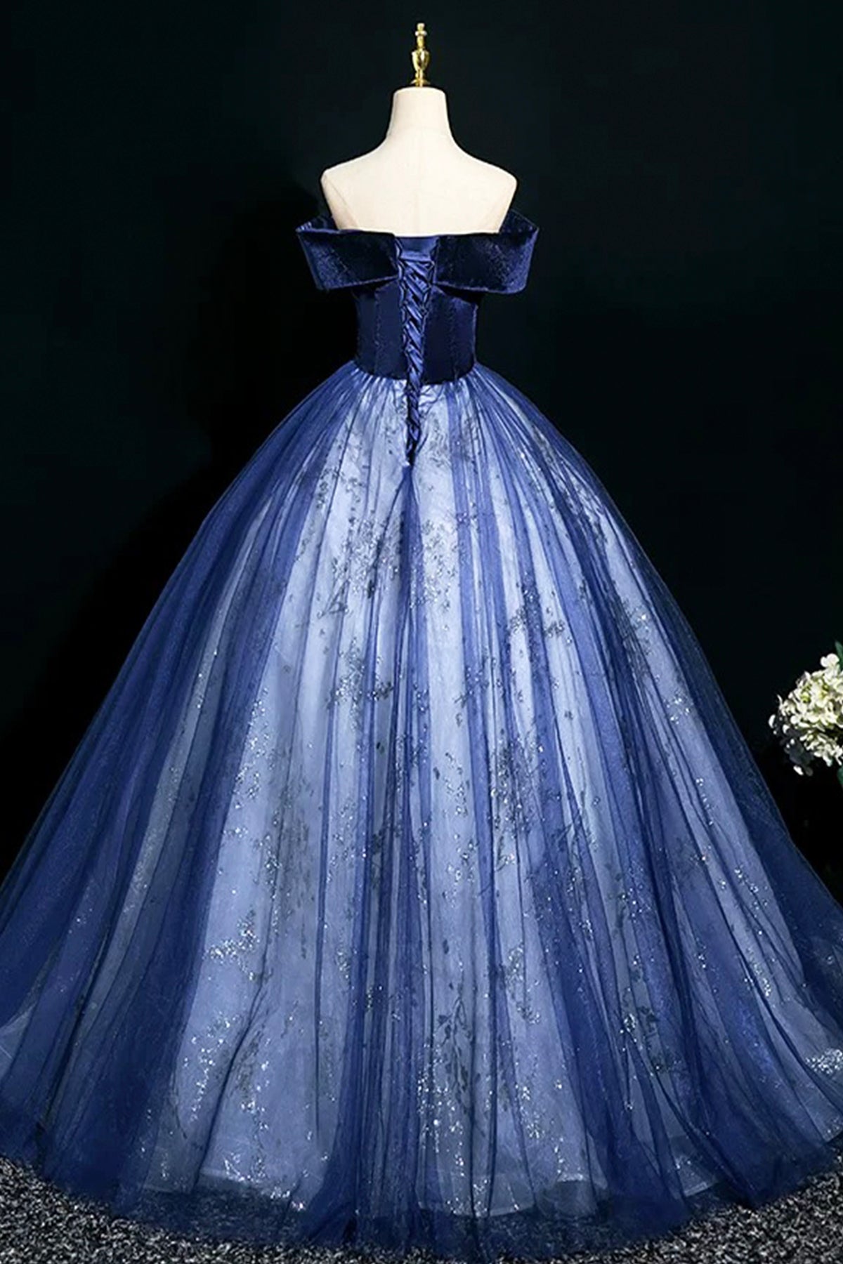 Blue Velvet Sequins Long A-Line Prom Dress, Elegant Off the Shoulder Party Dress