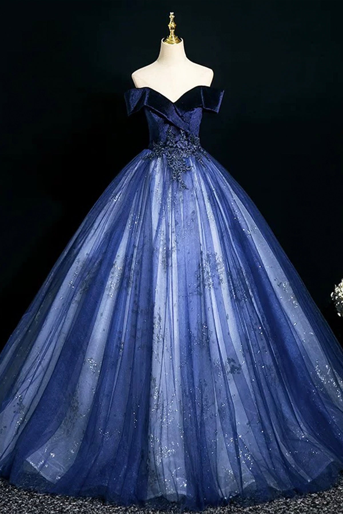 Blue Velvet Sequins Long A-Line Prom Dress, Elegant Off the Shoulder Party Dress
