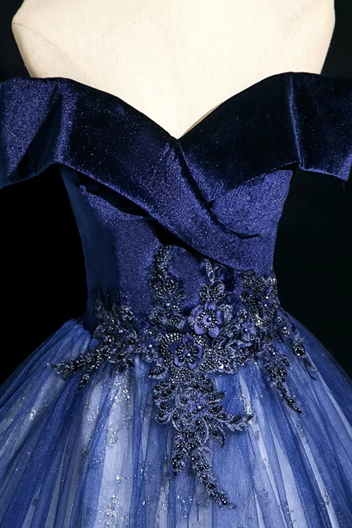 Blue Velvet Sequins Long A-Line Prom Dress, Elegant Off the Shoulder Party Dress