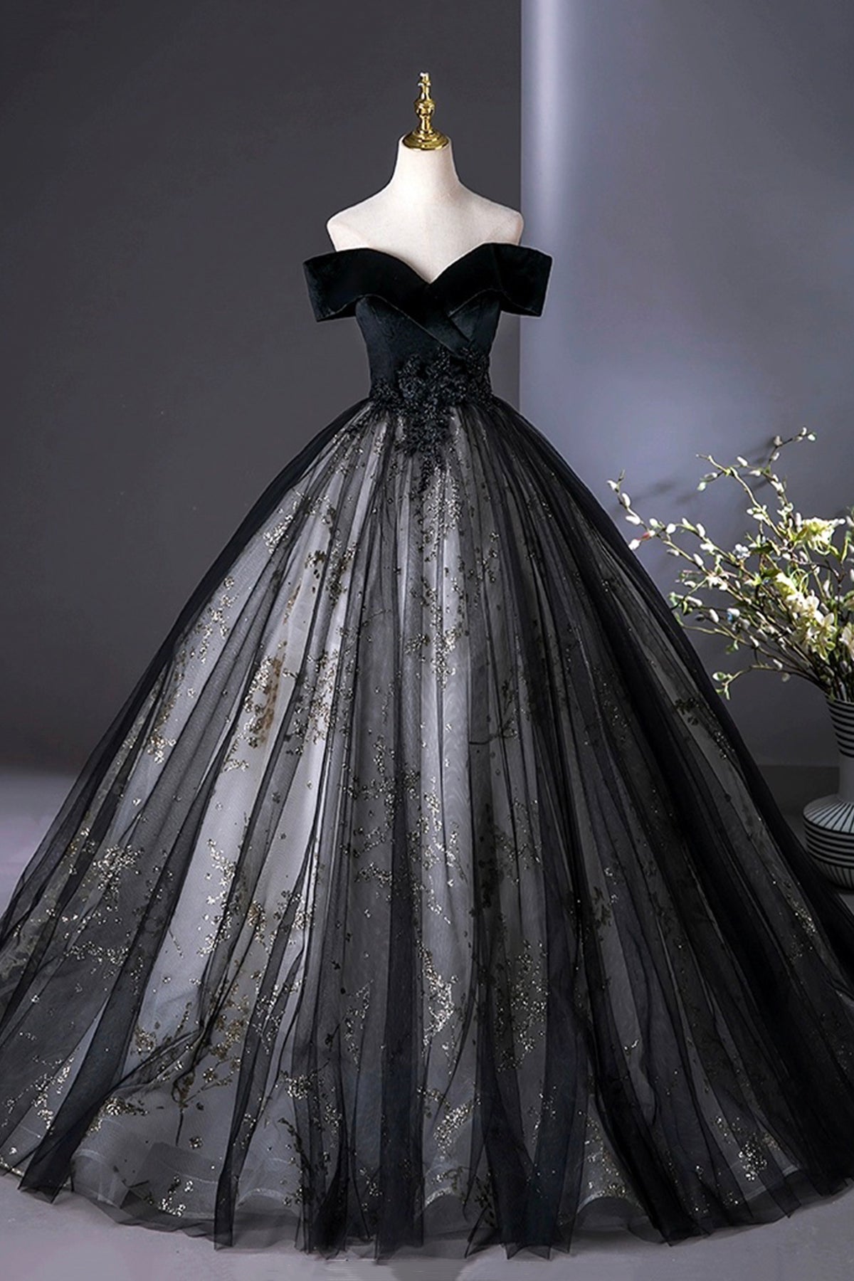 Black Velvet Sequins Long A-Line Prom Dress, Elegant Off the Shoulder Party Dress