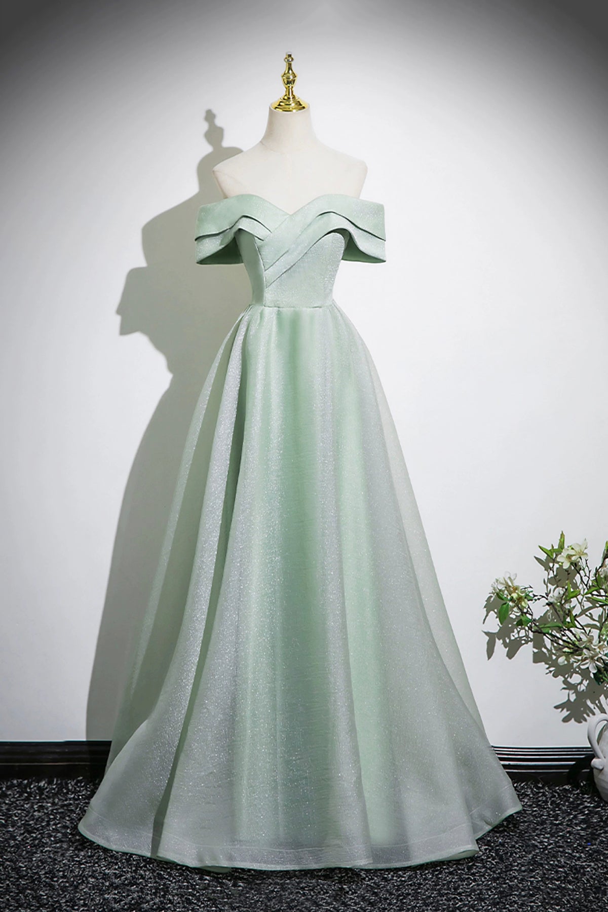 Green Tulle Long Prom Dress, Off the Shoulder A-Line Party Dress
