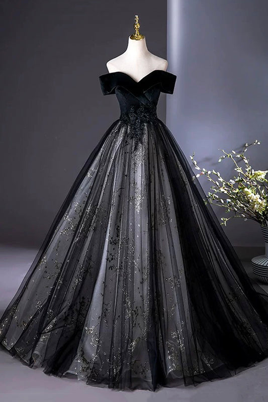 Black Velvet Sequins Long A-Line Prom Dress, Elegant Off the Shoulder Party Dress