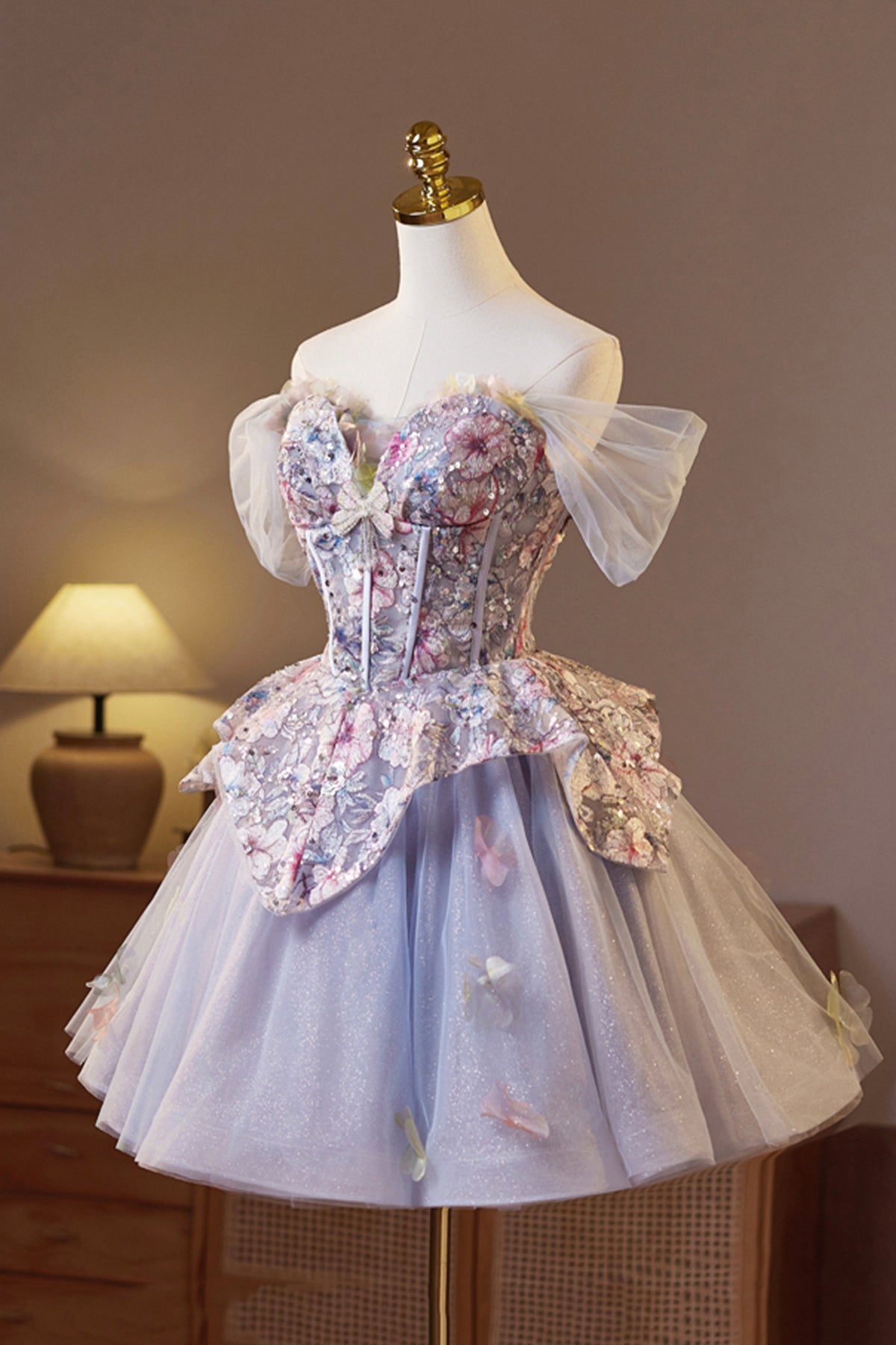 Lilac Tulle Floral Short Prom Dress, Beautiful A-Line Evening Party Dress