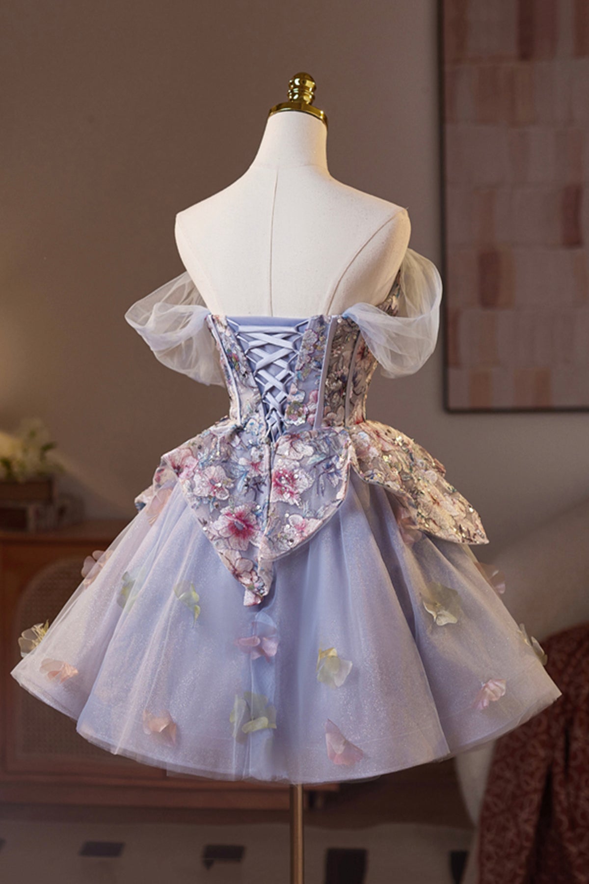 Lilac Tulle Floral Short Prom Dress, Beautiful A-Line Evening Party Dress