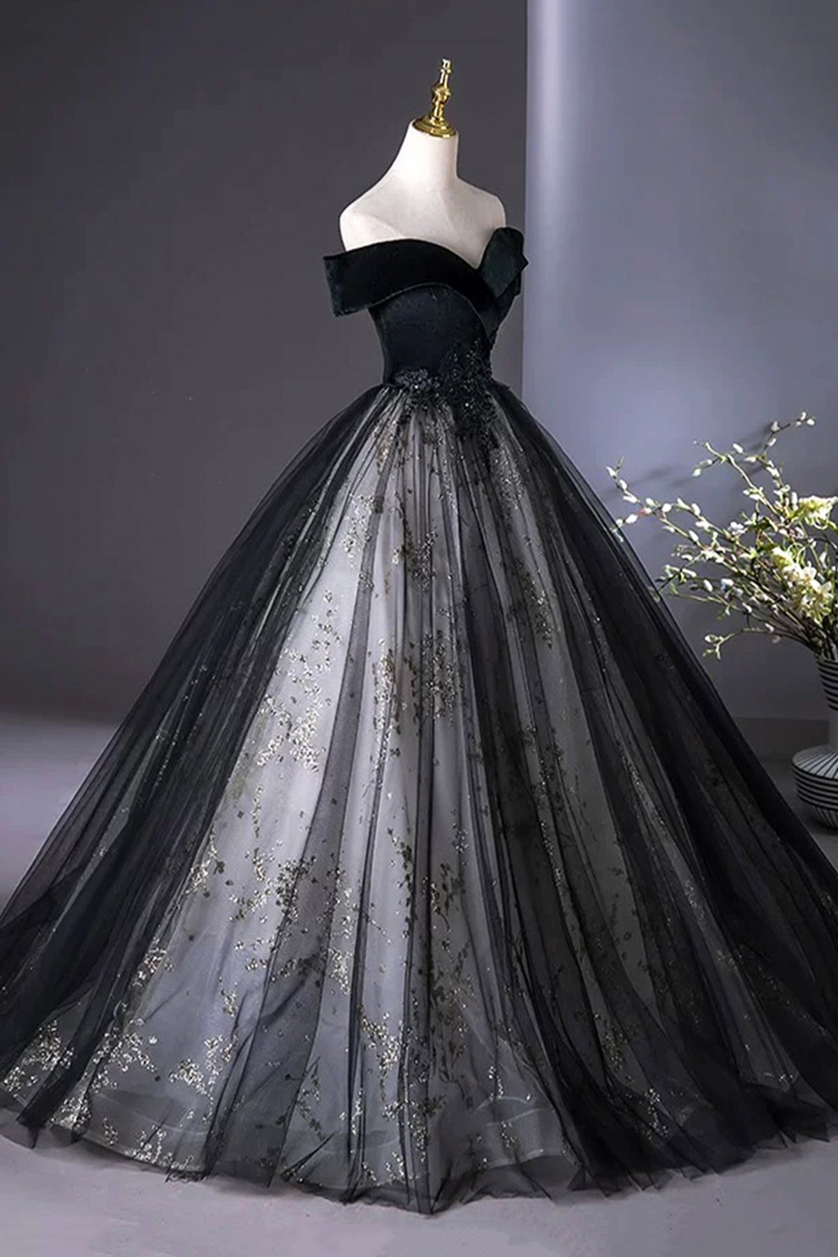 Black Velvet Sequins Long A-Line Prom Dress, Elegant Off the Shoulder Party Dress