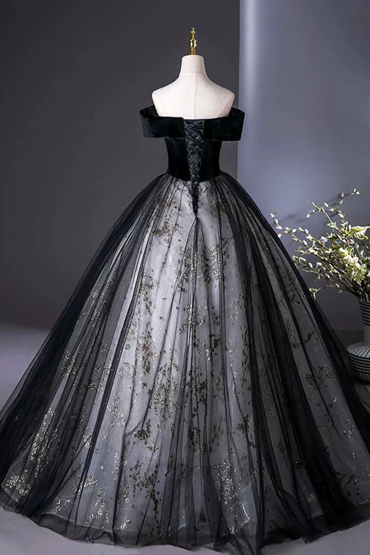 Black Velvet Sequins Long A-Line Prom Dress, Elegant Off the Shoulder Party Dress