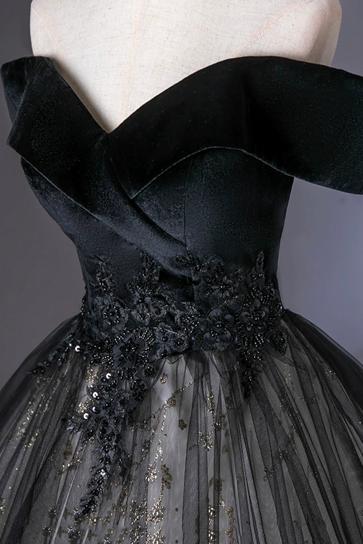 Black Velvet Sequins Long A-Line Prom Dress, Elegant Off the Shoulder Party Dress